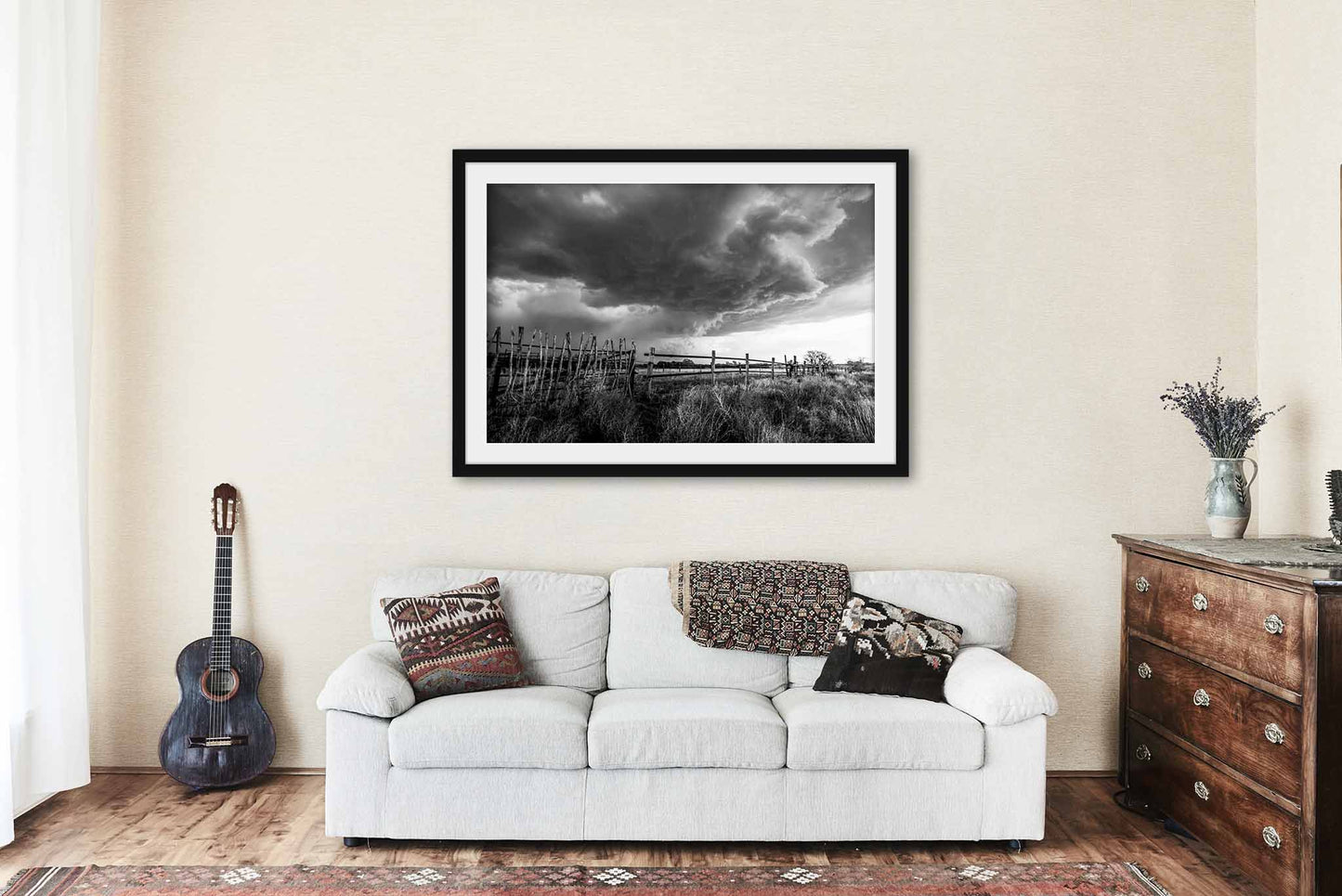 Framed Storm Print (Ready to Hang) Black and White Picture of Thunderstorm Over Old Rickety Wooden Fence in Oklahoma Country Wall Art Western Decor