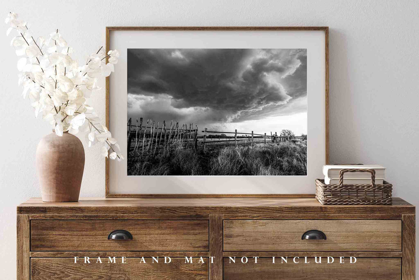Oklahoma Photography Print - Black and White Print of Old Fence and Storm Moving Over Landscape in Western Oklahoma Grayscale Artwork