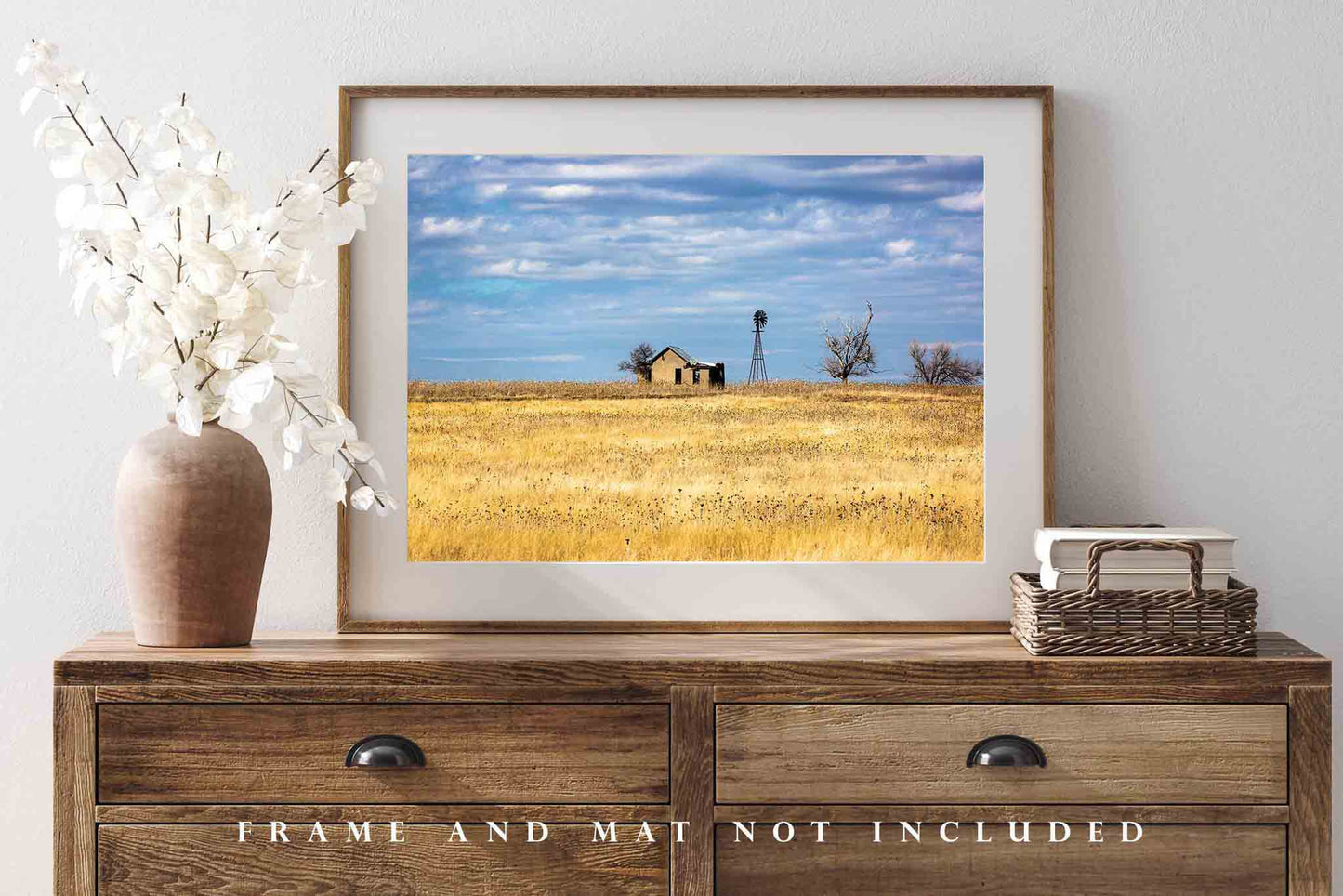 Country Photography Print (Not Framed) Picture of Abandoned Homestead and Windmill in Golden Field on Spring Day in Oklahoma Great Plains Wall Art Farmhouse Decor