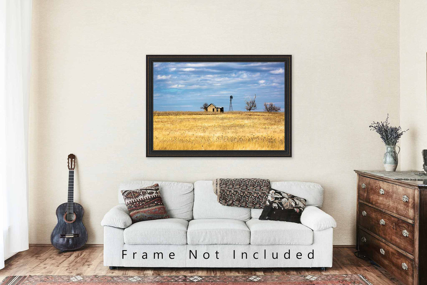 Country Photography Print (Not Framed) Picture of Abandoned Homestead and Windmill in Golden Field on Spring Day in Oklahoma Great Plains Wall Art Farmhouse Decor