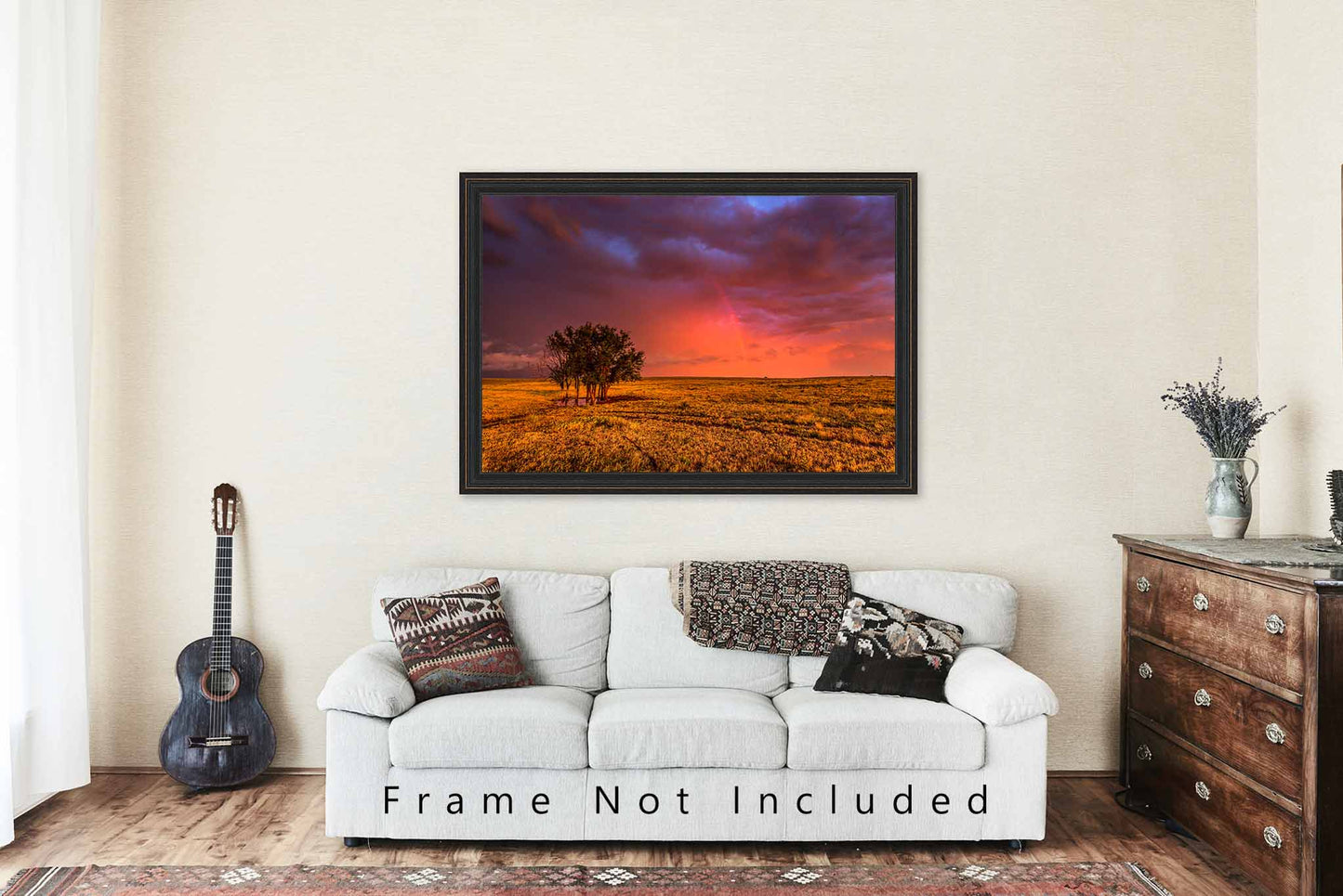 Prairie Picture - Photography Print of Trees and Rainbow in Dramatic Sky Over Open Plains in Oklahoma Western Landscape Wall Art Photo Decor