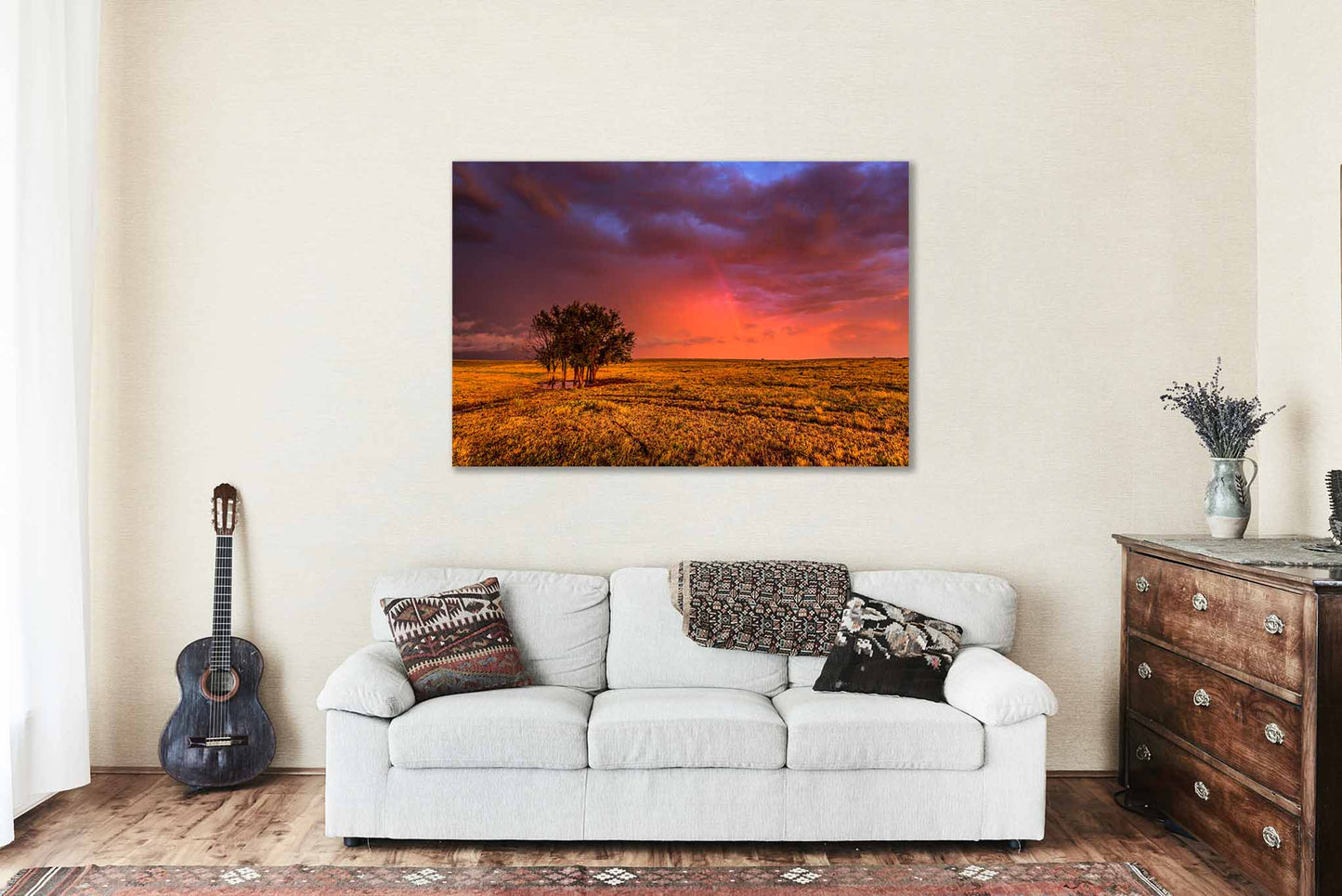 Great Plains Metal Print - Picture of Stormy Sky with Rainbow Over Grove of Trees in Oklahoma Prairie Wall Art Nature Decor