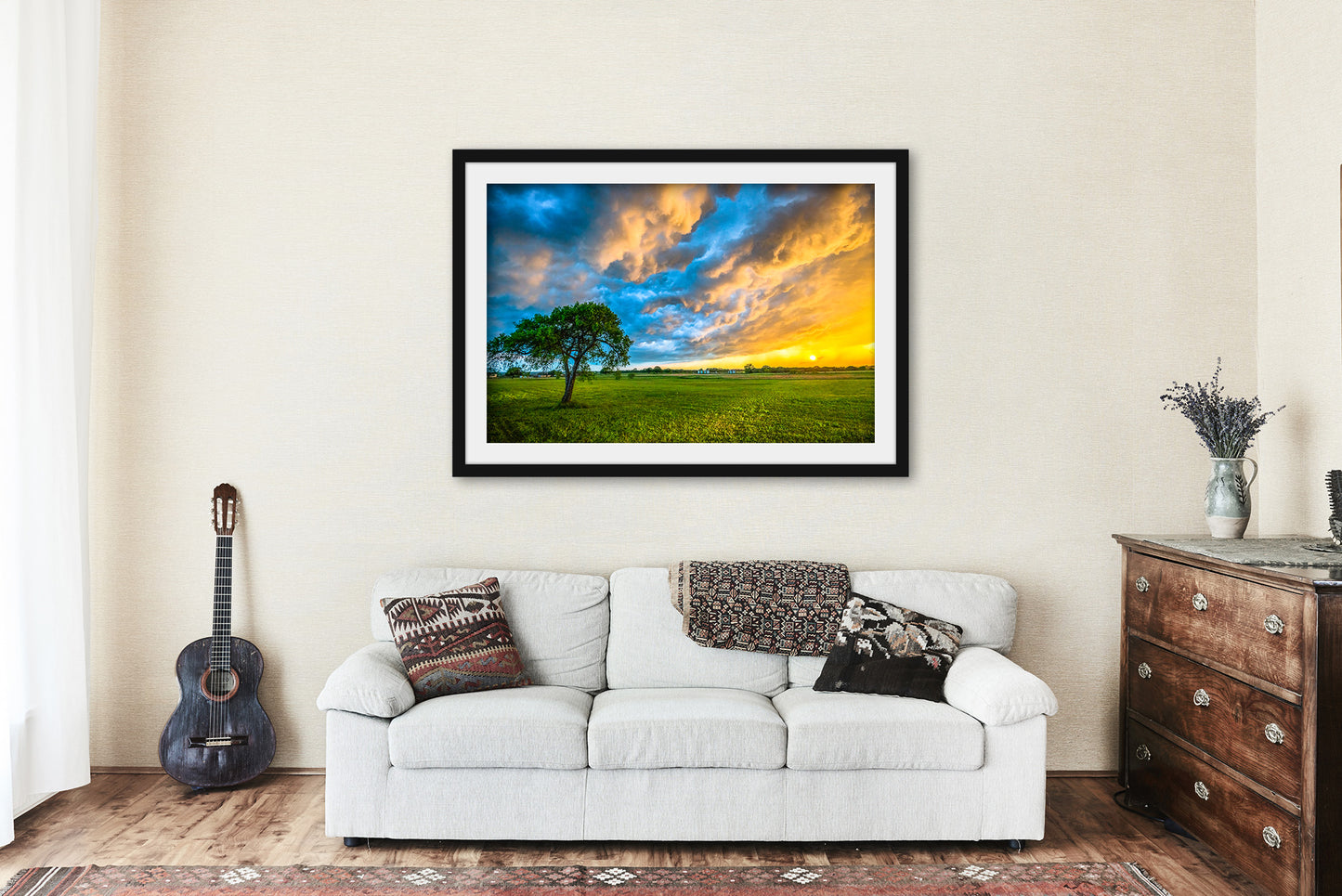 Framed and Matted Print - Picture of Colorful Storm Sky Over Lone Tree at Sunset on Spring Evening in Texas Landscape Wall Art Western Decor