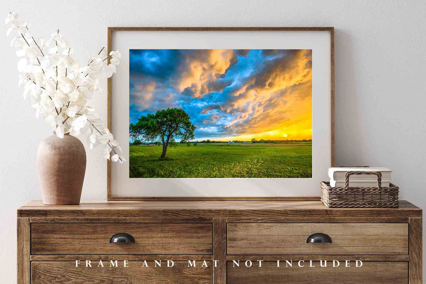 Cloud Photography Print - Picture of Storm Clouds Illuminated by Setting Sun Over Lone Tree in Northern Texas Scenic Sky Decor 4x6 to 40x60