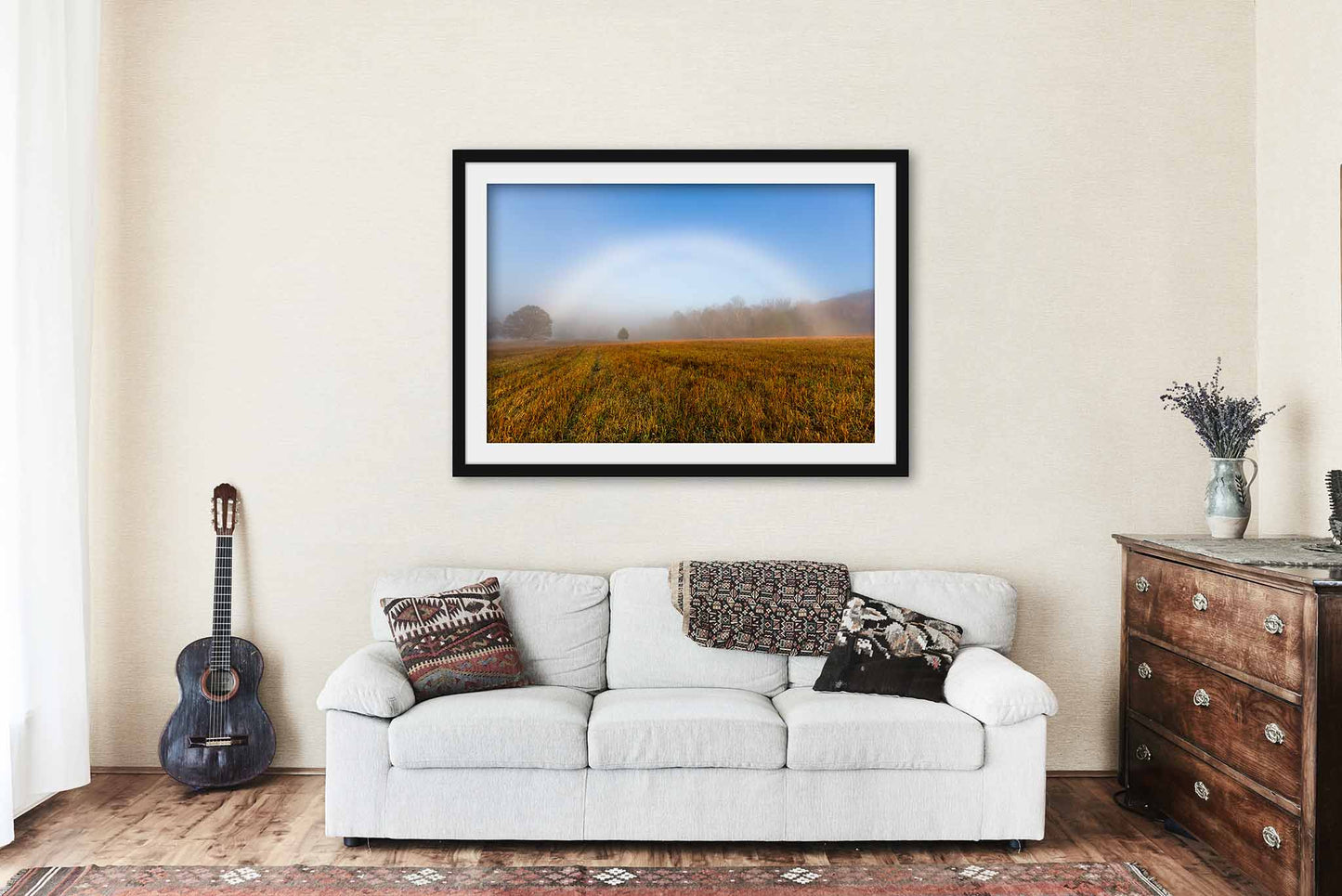 Framed Nature Print (Ready to Hang) Fog Bow Over Field on Foggy Autumn Morning in Tennessee | Great Smoky Mountains Landscape Wall Art Weather Decor
