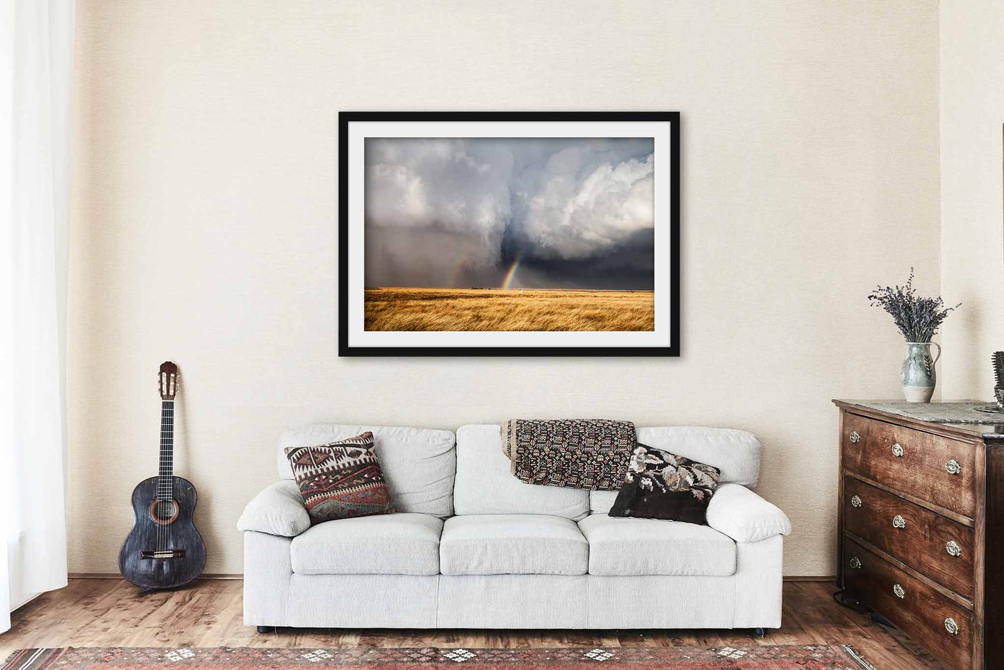 Framed and Matted Storm Print - Picture of Rainbow Between Rain Wrapped Tornado and Storm Cloud in Kansas Thunderstorm Wall Art Nature Decor