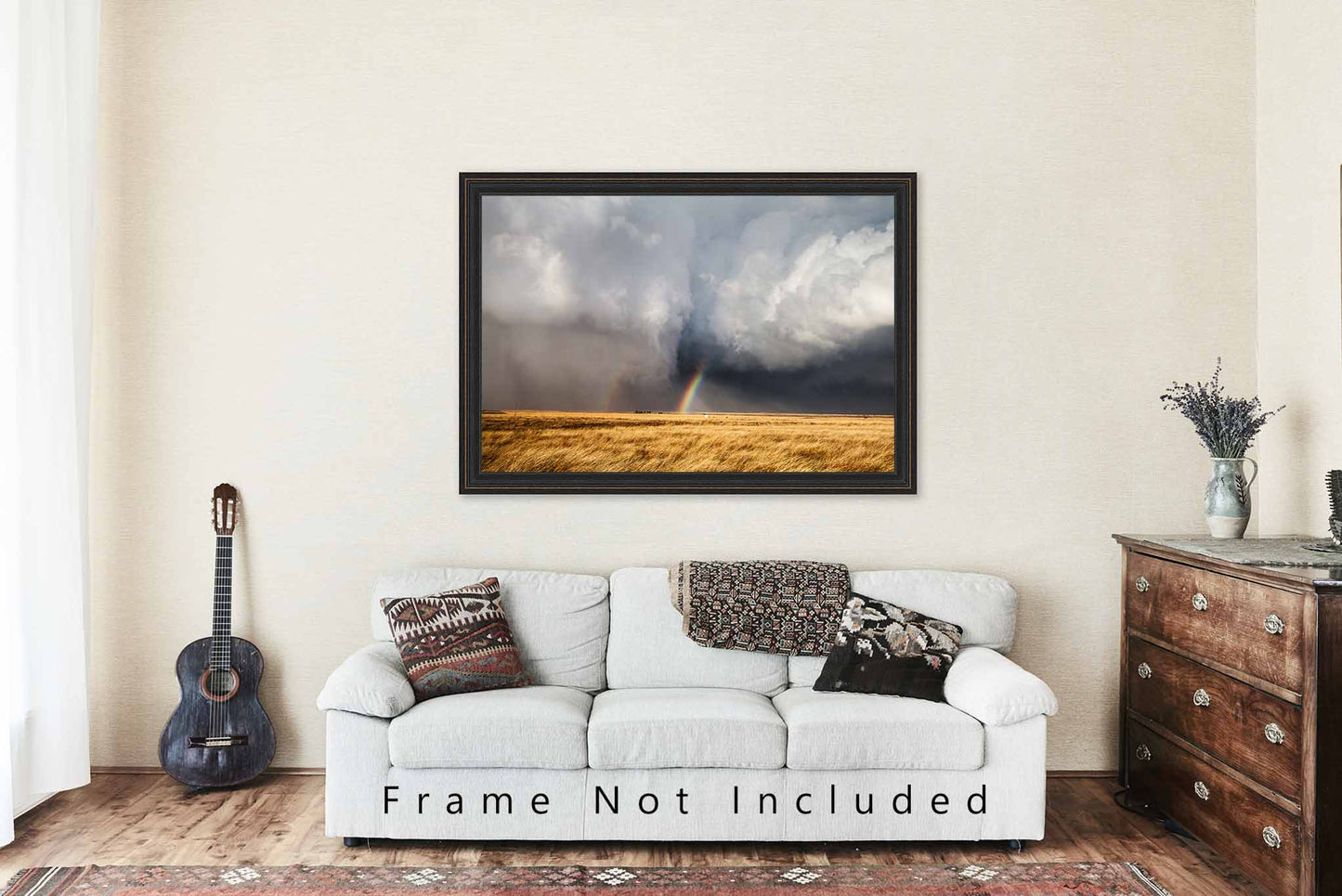 Kansas Photography Fine Art Print - Picture of Rainbow Between Storm Clouds Over Golden Prairie Grass in Southern Kansas Nature Home Decor