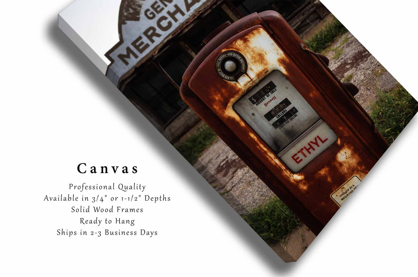 Rustic Americana Canvas Wall Art (Ready to Hang) Rusted Ethyl Gas Pump at Roadside Station in Oklahoma | Vertical Man Cave Photography Garage Decor