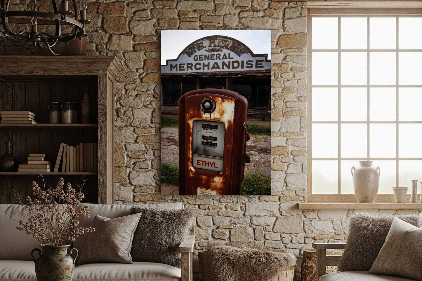 Rustic Americana Canvas Wall Art (Ready to Hang) Rusted Ethyl Gas Pump at Roadside Station in Oklahoma | Vertical Man Cave Photography Garage Decor
