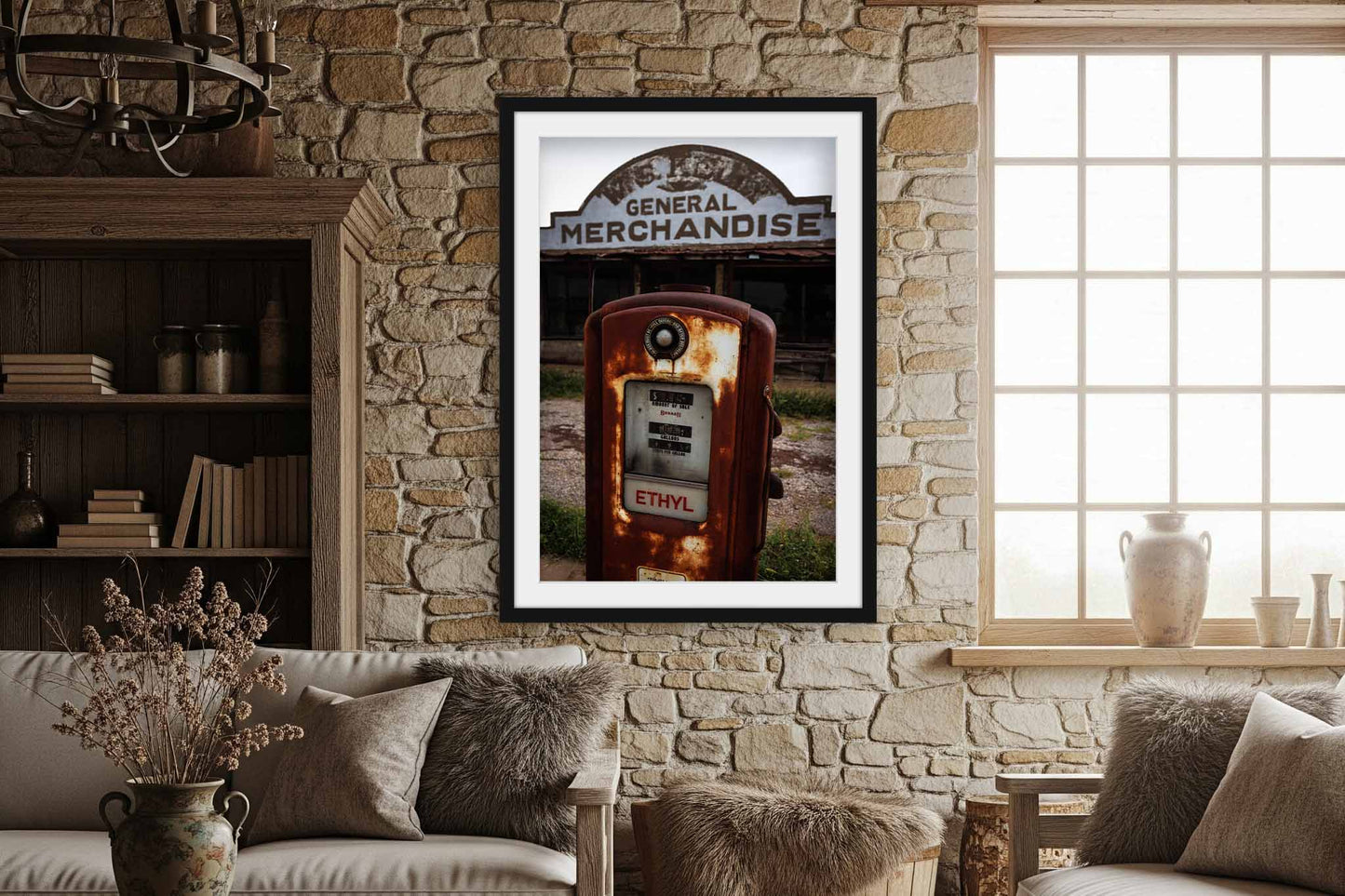 Framed Rustic Americana Print (Ready to Hang) Rusted Ethyl Gas Pump at Roadside Station in Oklahoma | Vertical Man Cave Wall Art Garage Decor