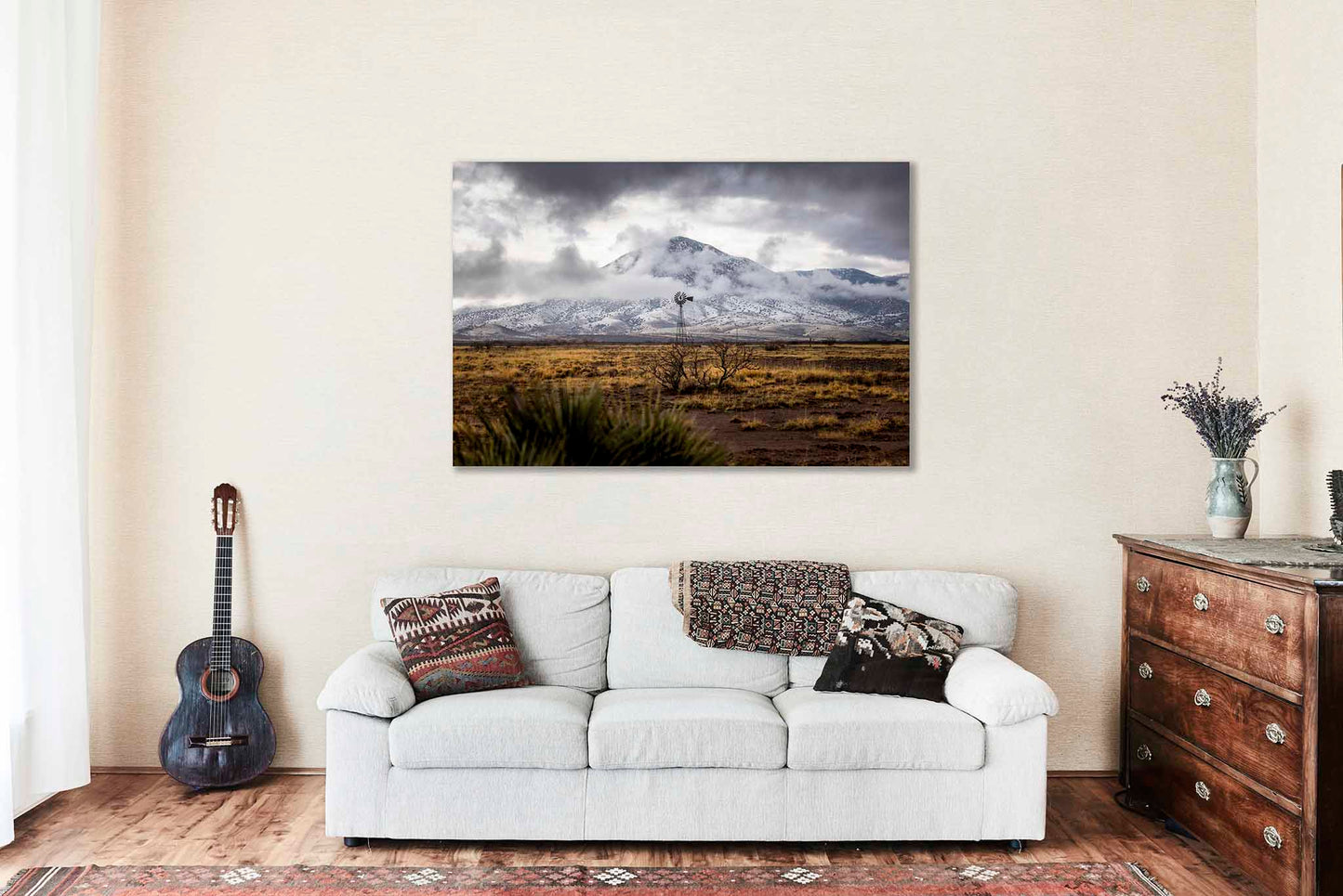 Western Canvas | Windmill and Snowy Mountain Gallery Wrap | High Desert Photography | New Mexico Landscape Wall Art | Southwestern Decor | Ready to Hang