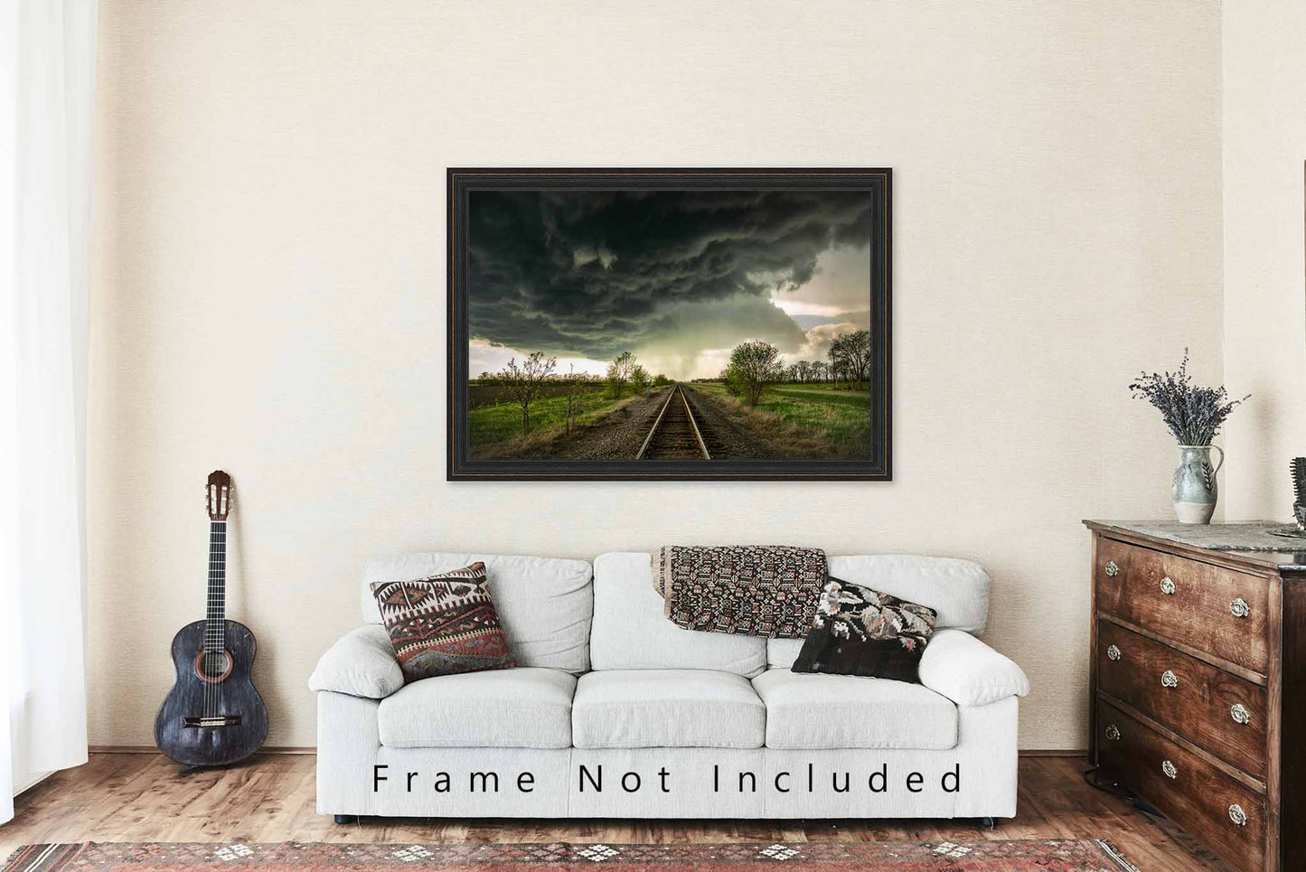 Storm Photography Print (Not Framed) Picture of Train Tracks Leading to Thunderstorm on Stormy Spring Day in Kansas Weather Wall Art Railroad Decor