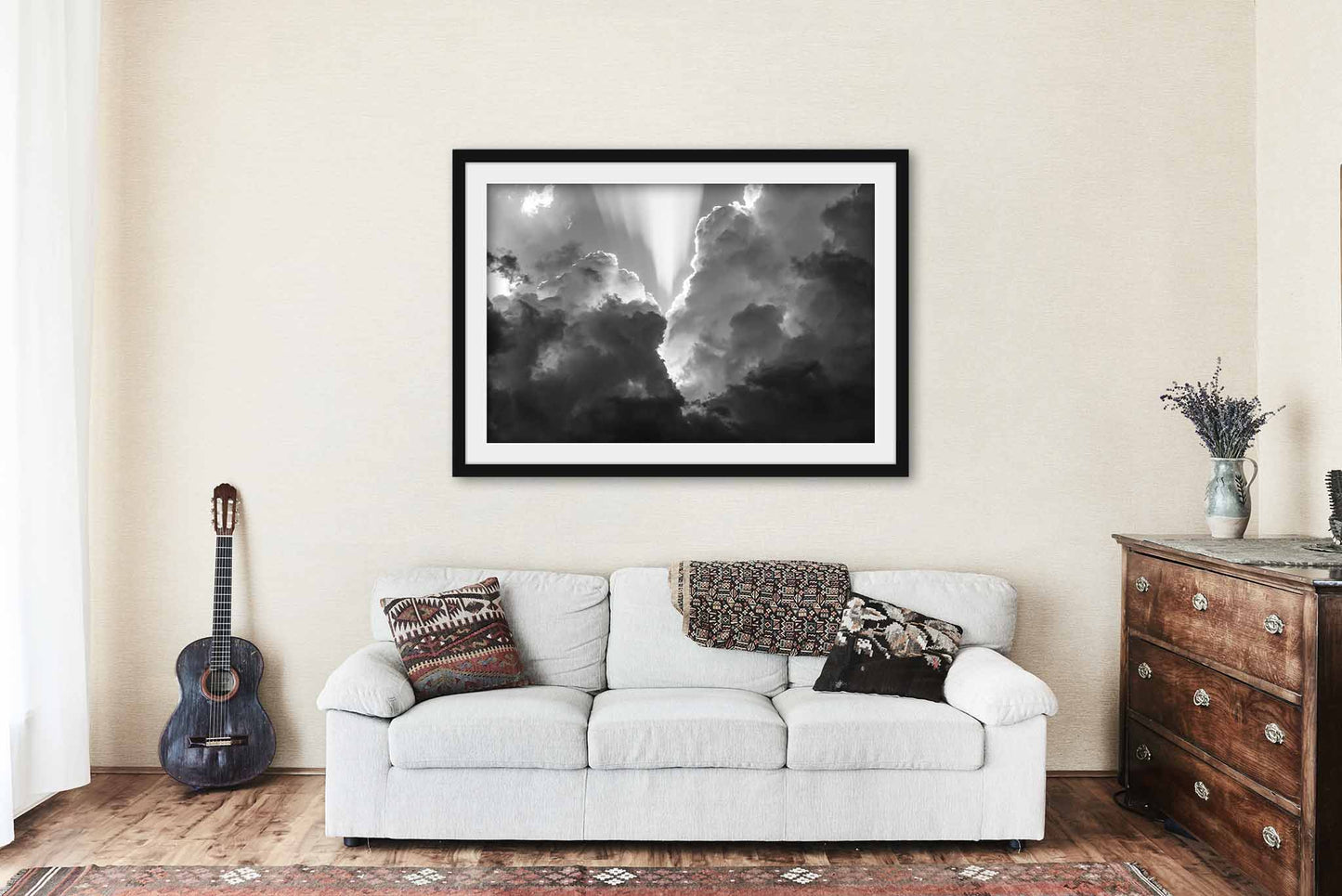 Framed Print (Ready to Hang) Black and White Picture of Sunbeams Bursting Through Storm Clouds in Oklahoma Sky Photography Inspirational Decor