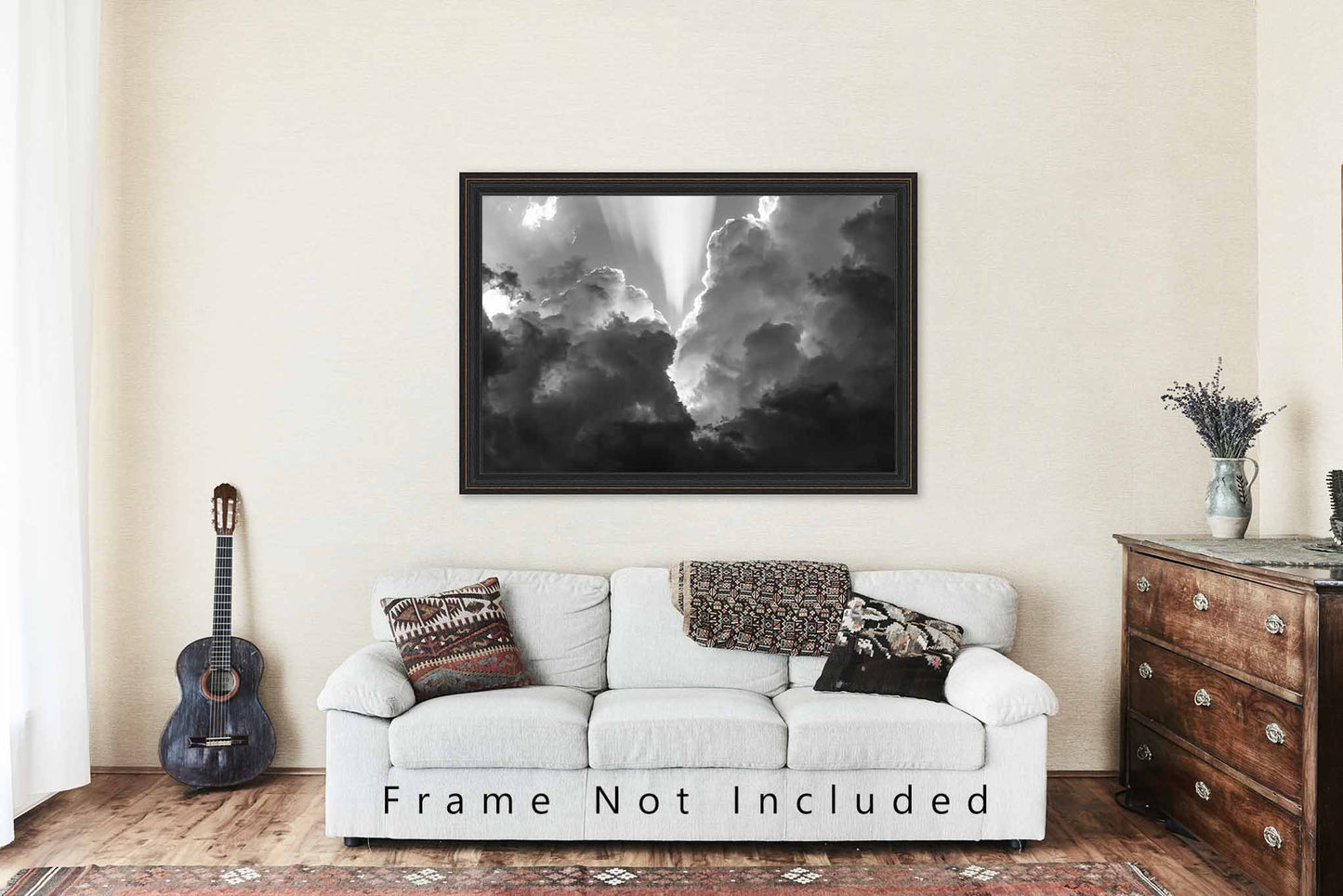 Inspirational Wall Art - Black and White Picture of Sunbeams from Storm Clouds in Oklahoma - Sky Photography Photo Print Artwork Decor