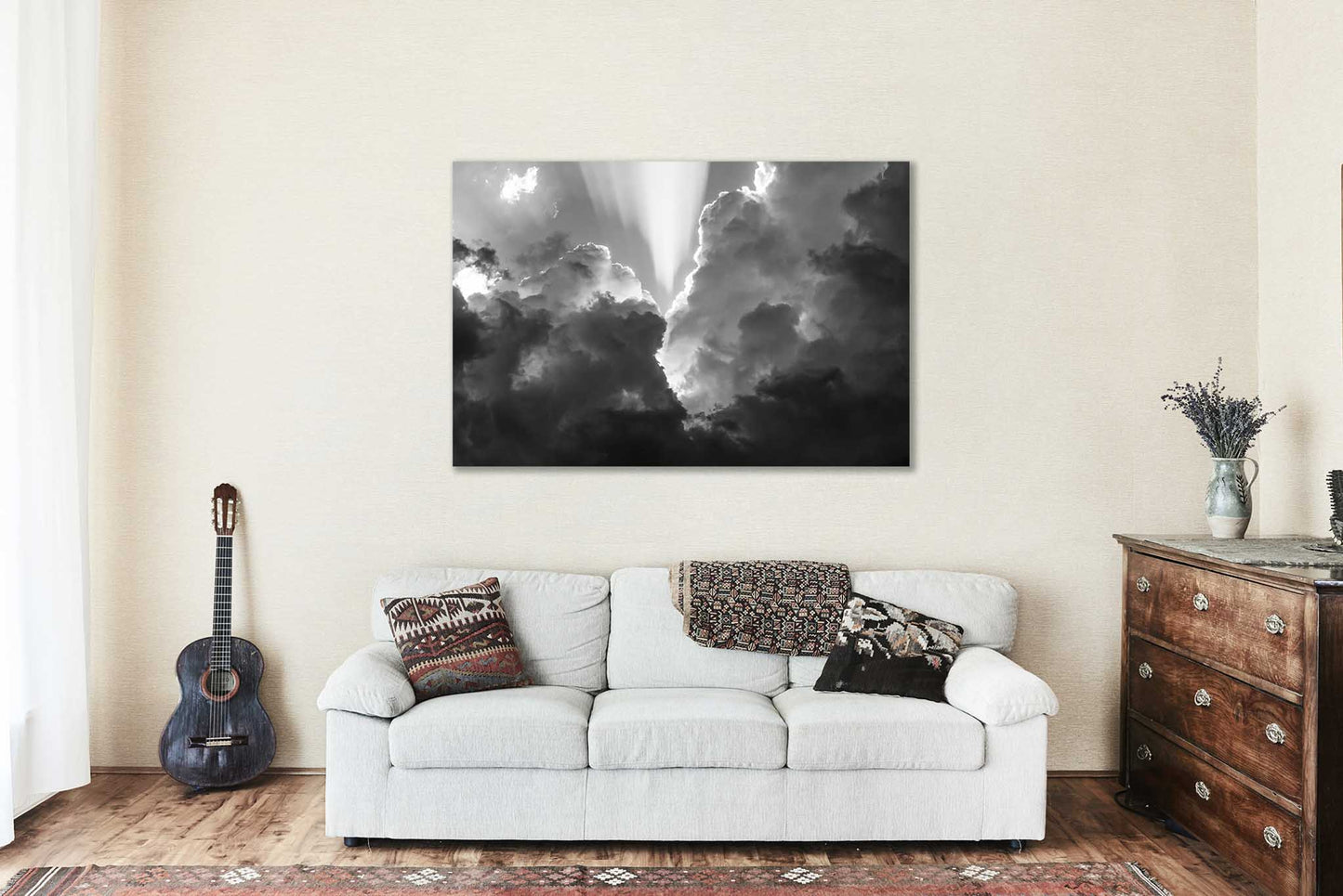 Celestial Metal Print | Sunbeams Bursting from Storm Clouds Photo | Black and White Photography | Oklahoma Picture | Inspirational Decor
