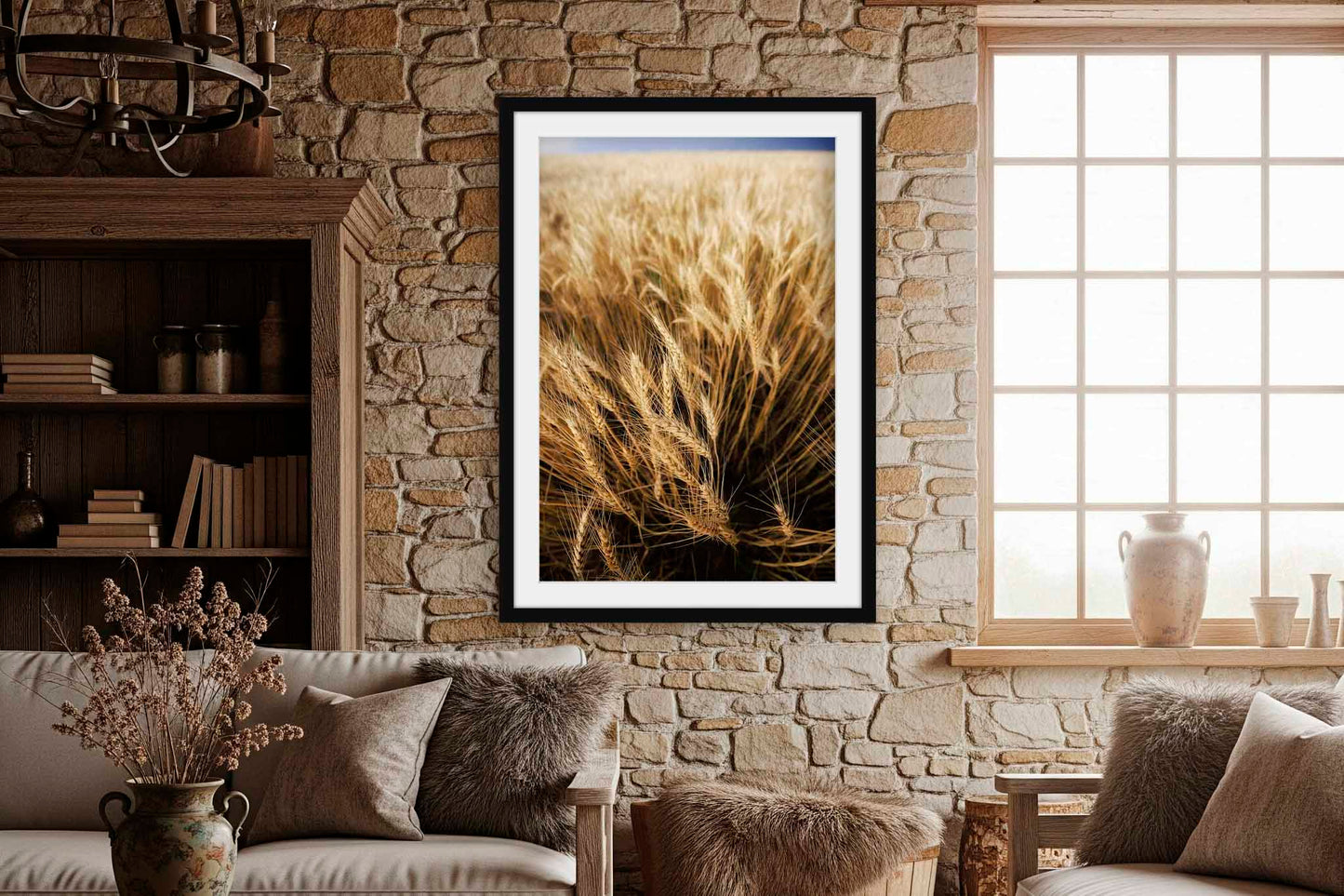 Framed Country Print (Ready to Hang) Golden Waving Wheat Field on Stormy Day in Oklahoma Vertical Farm Wall Art Farmhouse Decor