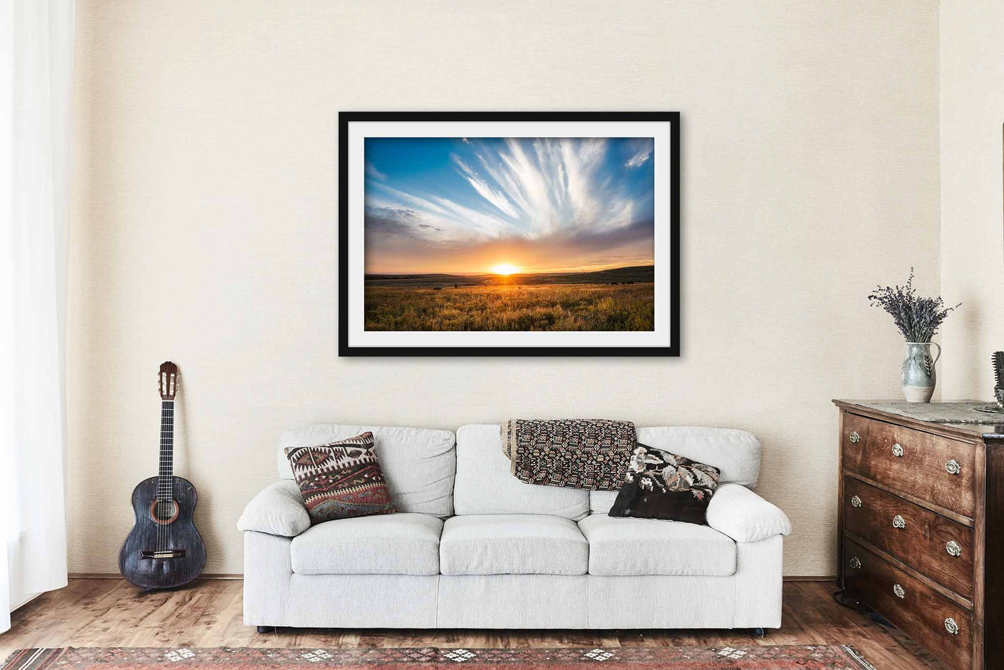 Framed Great Plains Print (Ready to Hang) Picture of Golden Sunset Over Tallgrass Prairie in Oklahoma Osage County Wall Art Western Decor