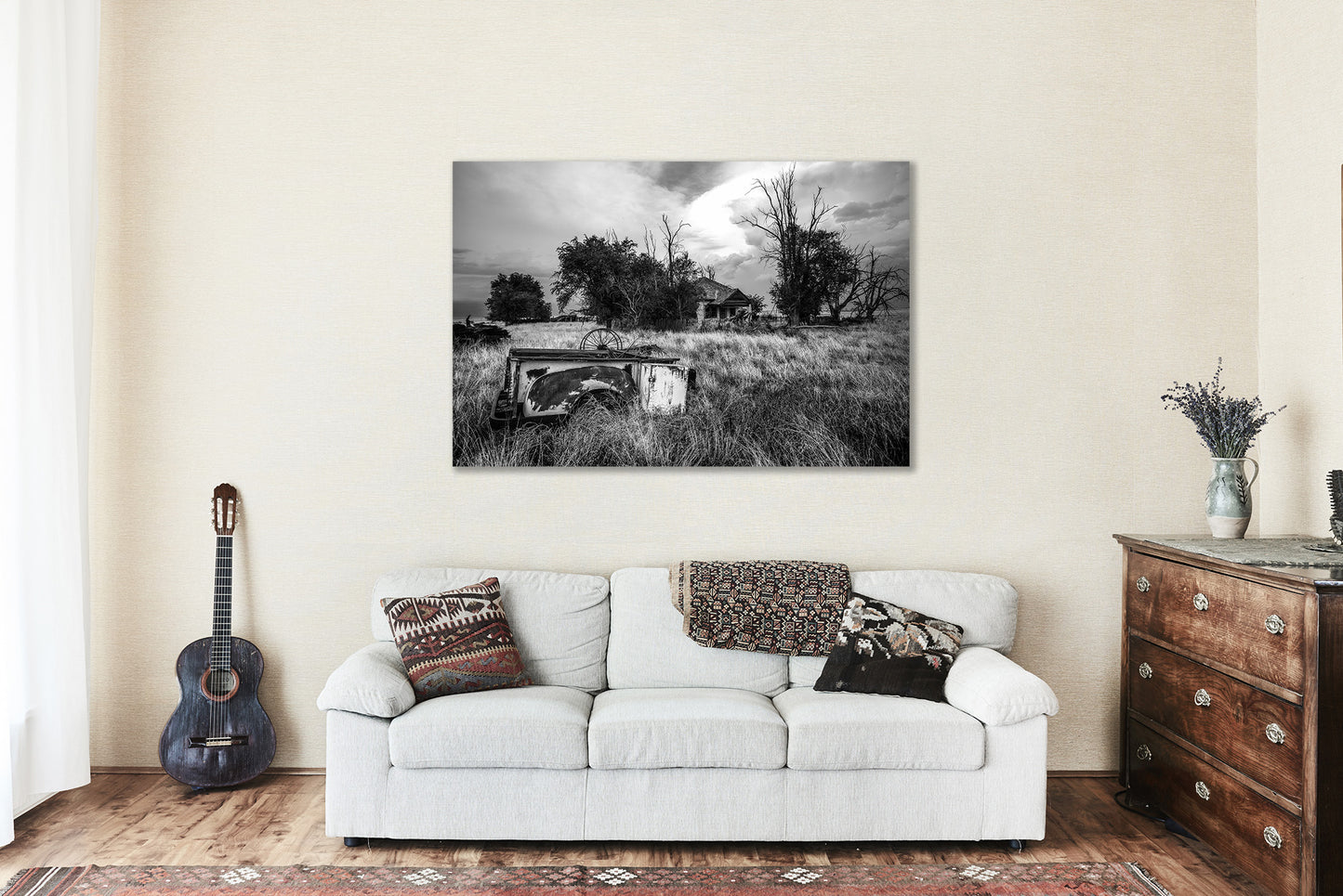 Country Metal Print - Black and White Wall Art of Rusted Pickup Bed and Abandoned House in Oklahoma Panhandle Prairie Photography Farmhouse Decor