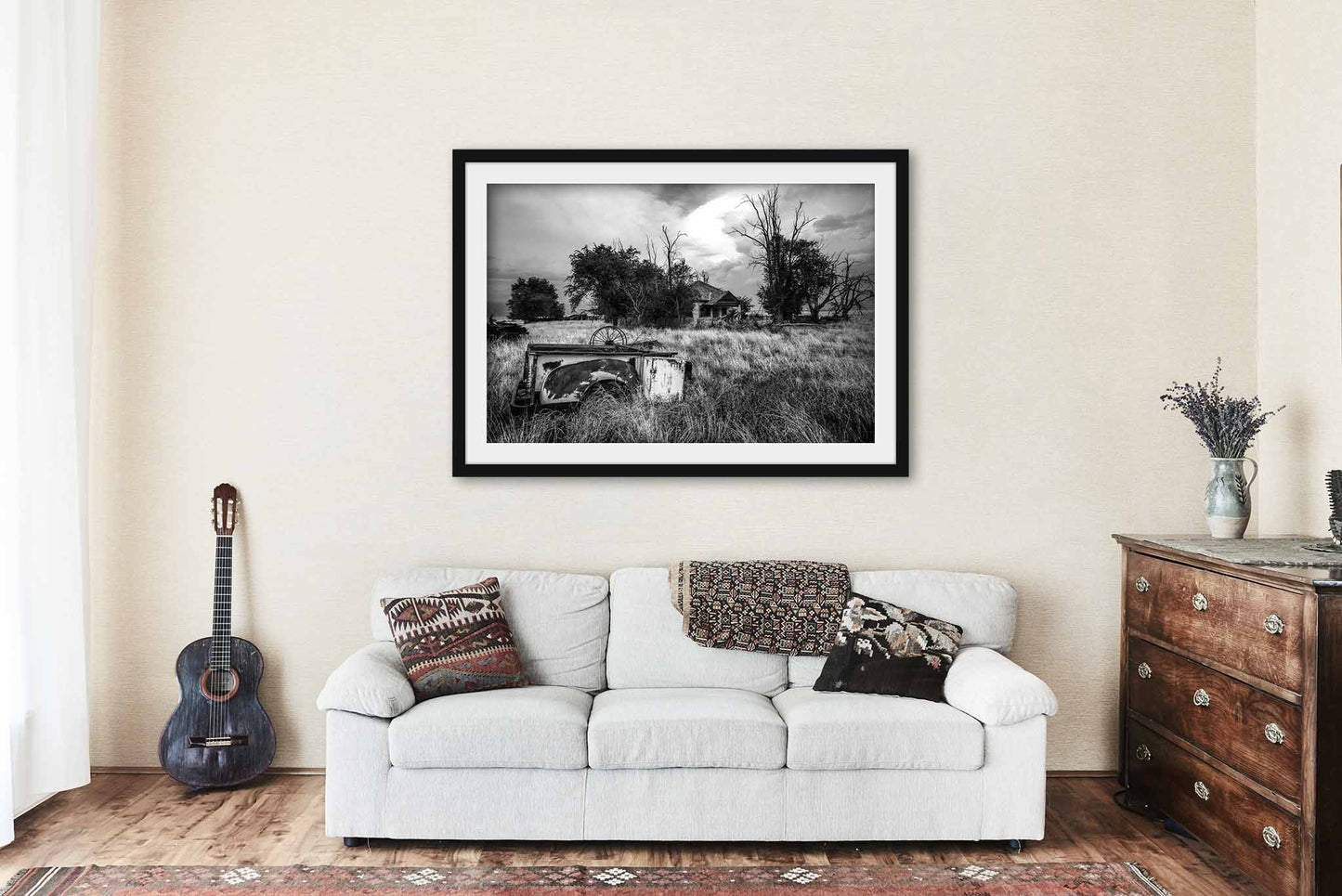 Framed Print (Ready to Hang) Black and White Picture of Rusty Pickup Bed and Abandoned House in Oklahoma Country Wall Art Farmhouse Decor