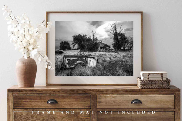 Black and White Photography Print - Picture of Rusted Pickup Bed and Abandoned House in Oklahoma Panhandle Rustic Country Wall Art Decor
