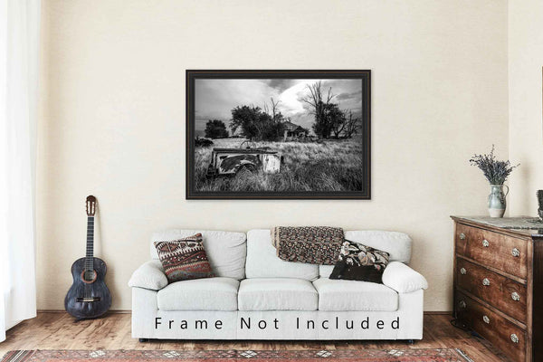 Black and White Photography Print - Picture of Rusted Pickup Bed and Abandoned House in Oklahoma Panhandle Rustic Country Wall Art Decor