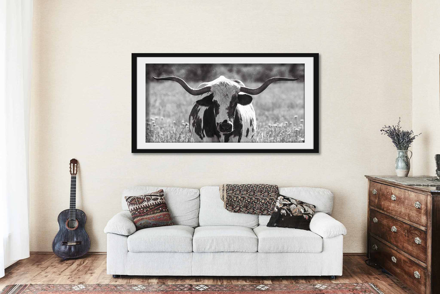 Happy Trails | Framed Longhorn Cow Panoramic Print | Black and White Oklahoma Wall Art