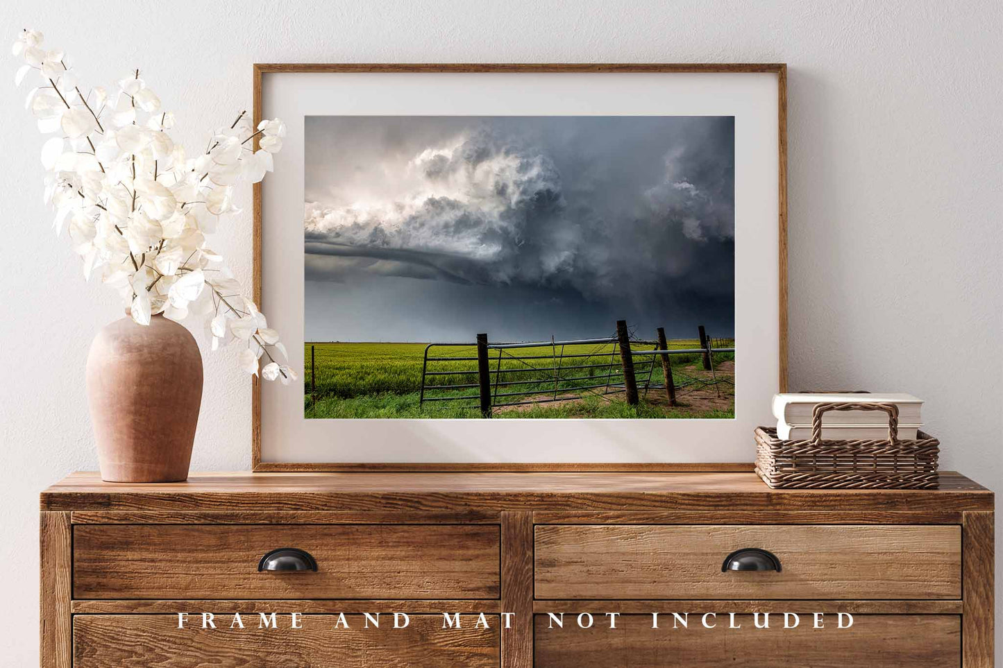 Storm Photography Print (Not Framed) Picture of Intense Supercell Thunderstorm Over Barbed Wire Fence and Gate on Stormy Spring Day in Oklahoma Weather Wall Art Country Decor