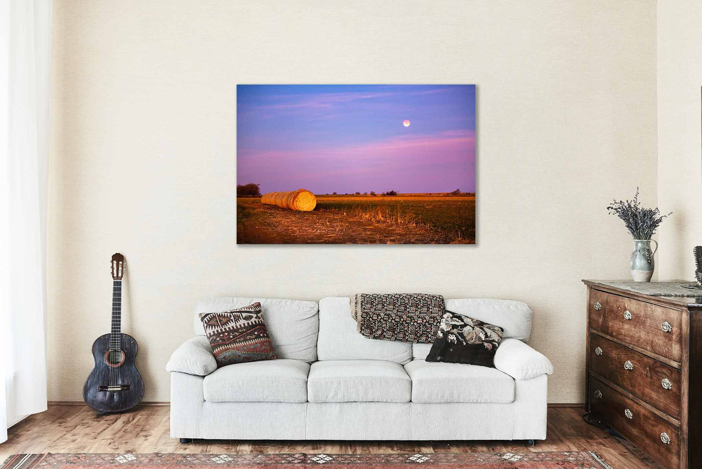 Lunar Eclipse Canvas | Moon Over Hay Bales Gallery Wrap | Country Photography | Oklahoma Wall Art | Celestial Decor | Ready to Hang