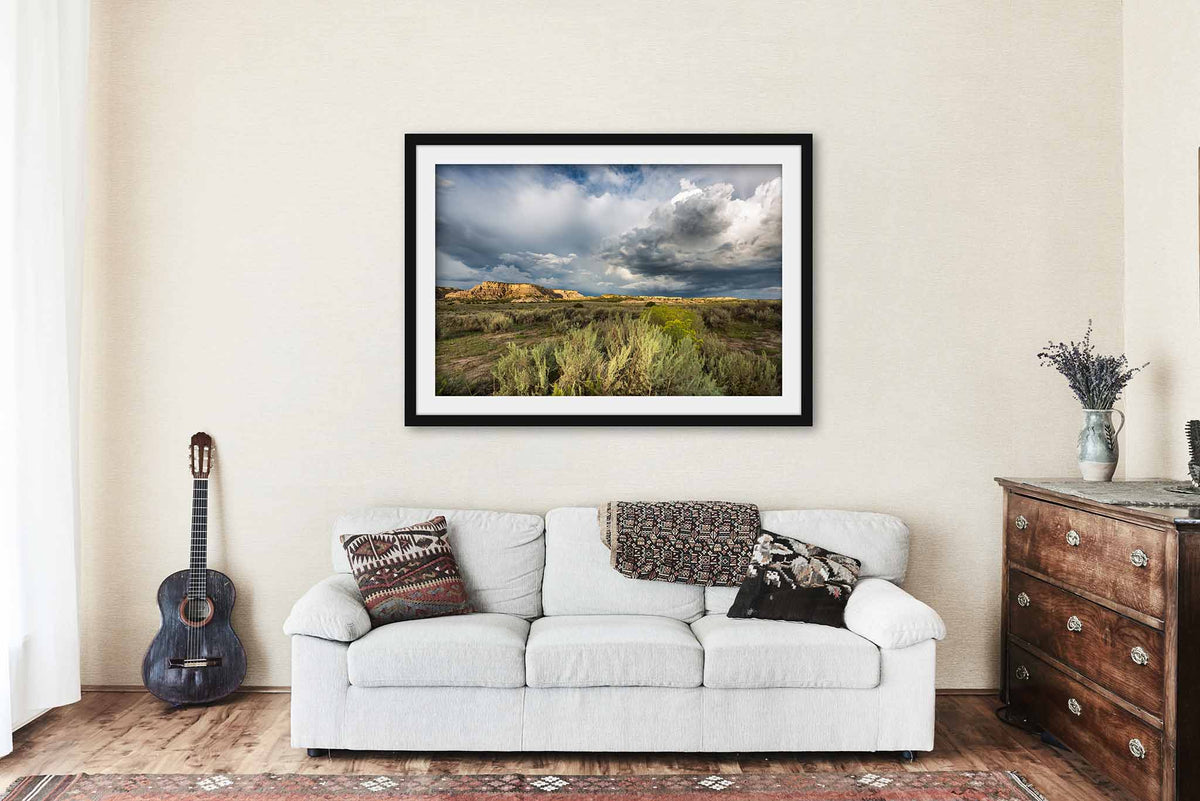 Storm Clouds over Sagebrush and Mesas in New Mexico Framed Print | Western Landscape Wall Art Southwest Decor
