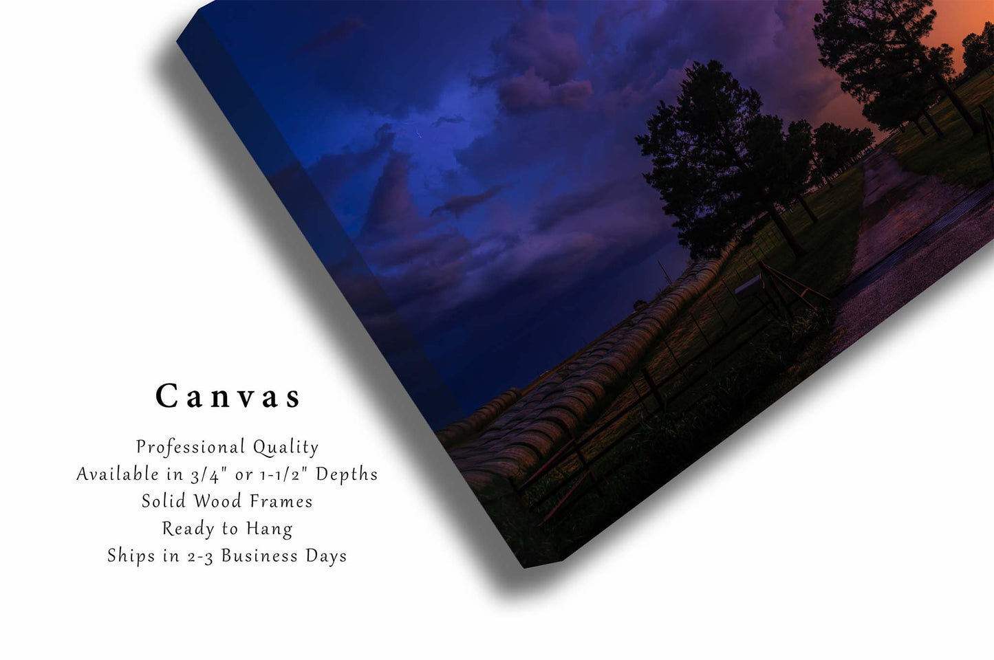 Stormy Sky with Lightning Over Road and Trees in Oklahoma Canvas Wall Art | Storm Photography Weather Decor