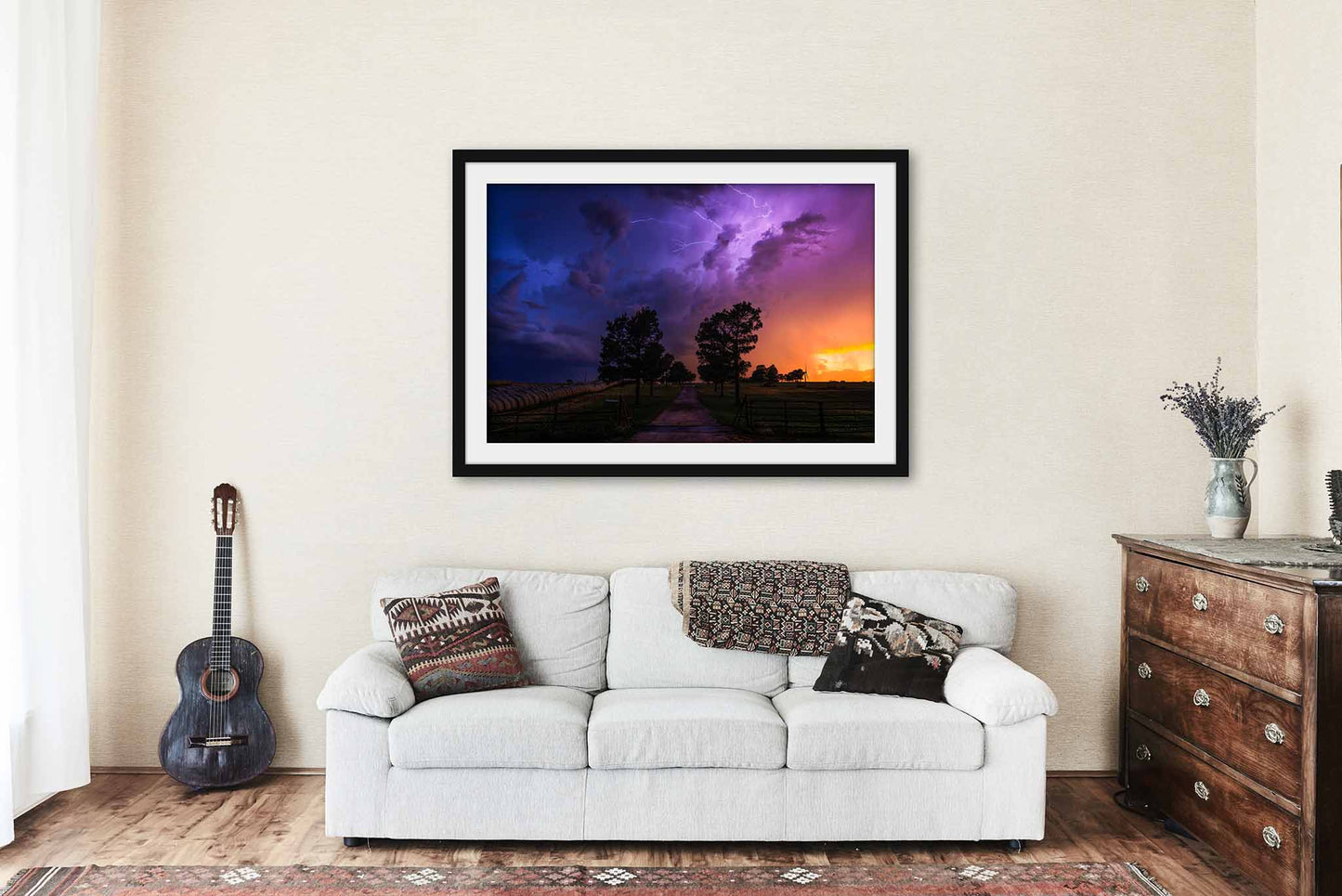 Stormy Sky with Lightning Over Road and Trees in Oklahoma Framed Print | Storm Wall Art Weather Decor