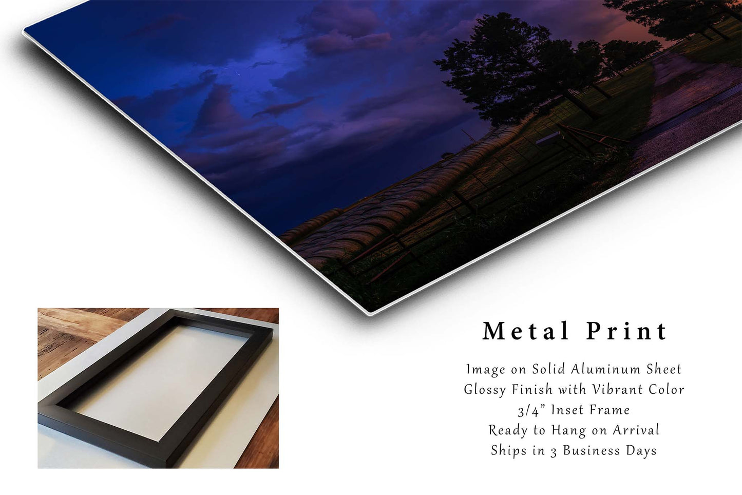 Stormy Sky with Lightning Over Road and Trees in Oklahoma Metal Print Wall Art | Storm Photography Weather Decor