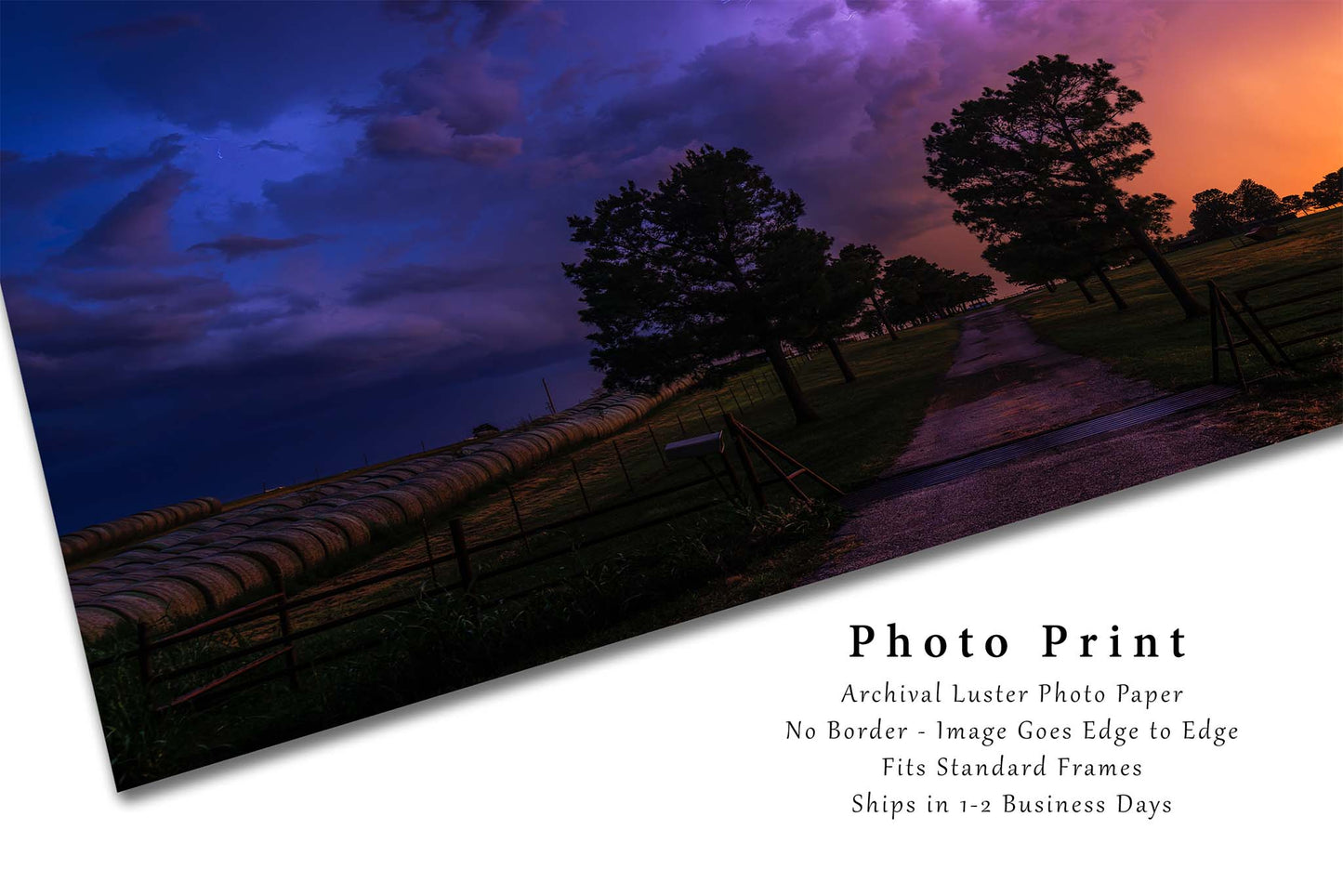Stormy Sky with Lightning Over Road and Trees in Oklahoma Photo Print (Unframed) | Storm Wall Art Weather Decor
