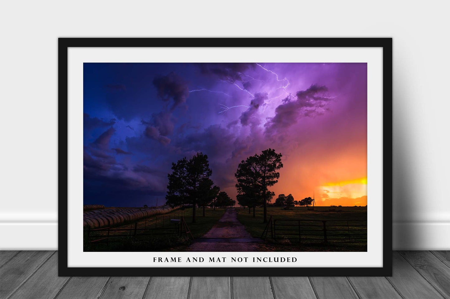 Stormy Sky with Lightning Over Road and Trees in Oklahoma Photo Print (Unframed) | Storm Wall Art Weather Decor