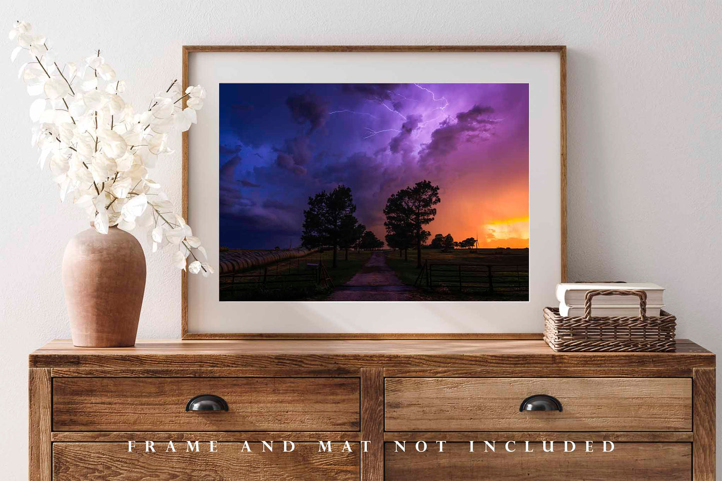 Stormy Sky with Lightning Over Road and Trees in Oklahoma Photo Print (Unframed) | Storm Wall Art Weather Decor