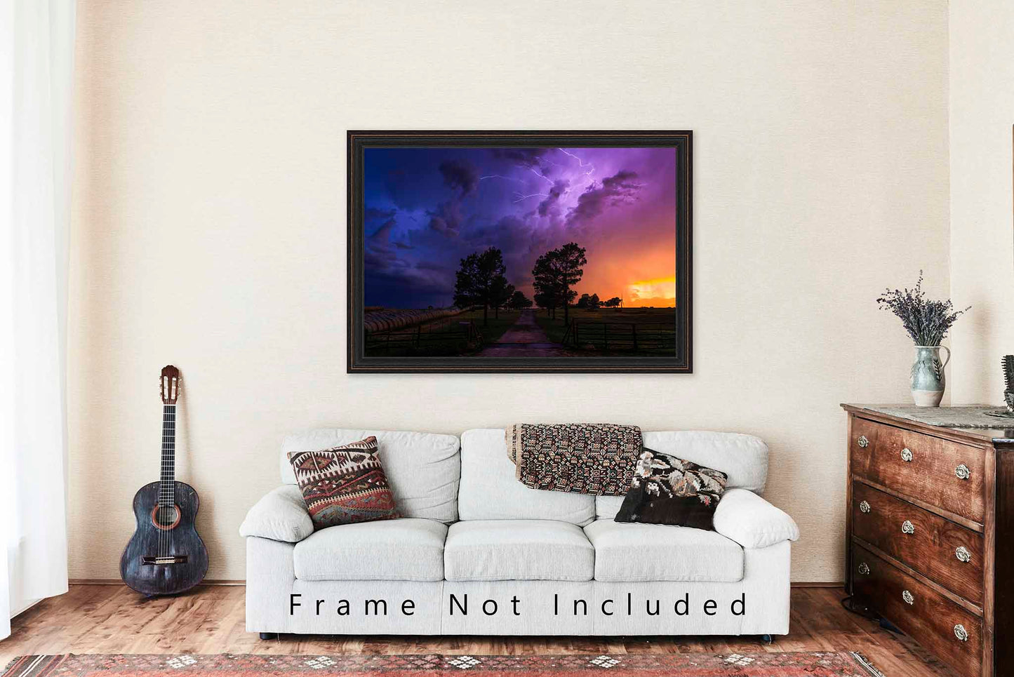 Stormy Sky with Lightning Over Road and Trees in Oklahoma Photo Print (Unframed) | Storm Wall Art Weather Decor