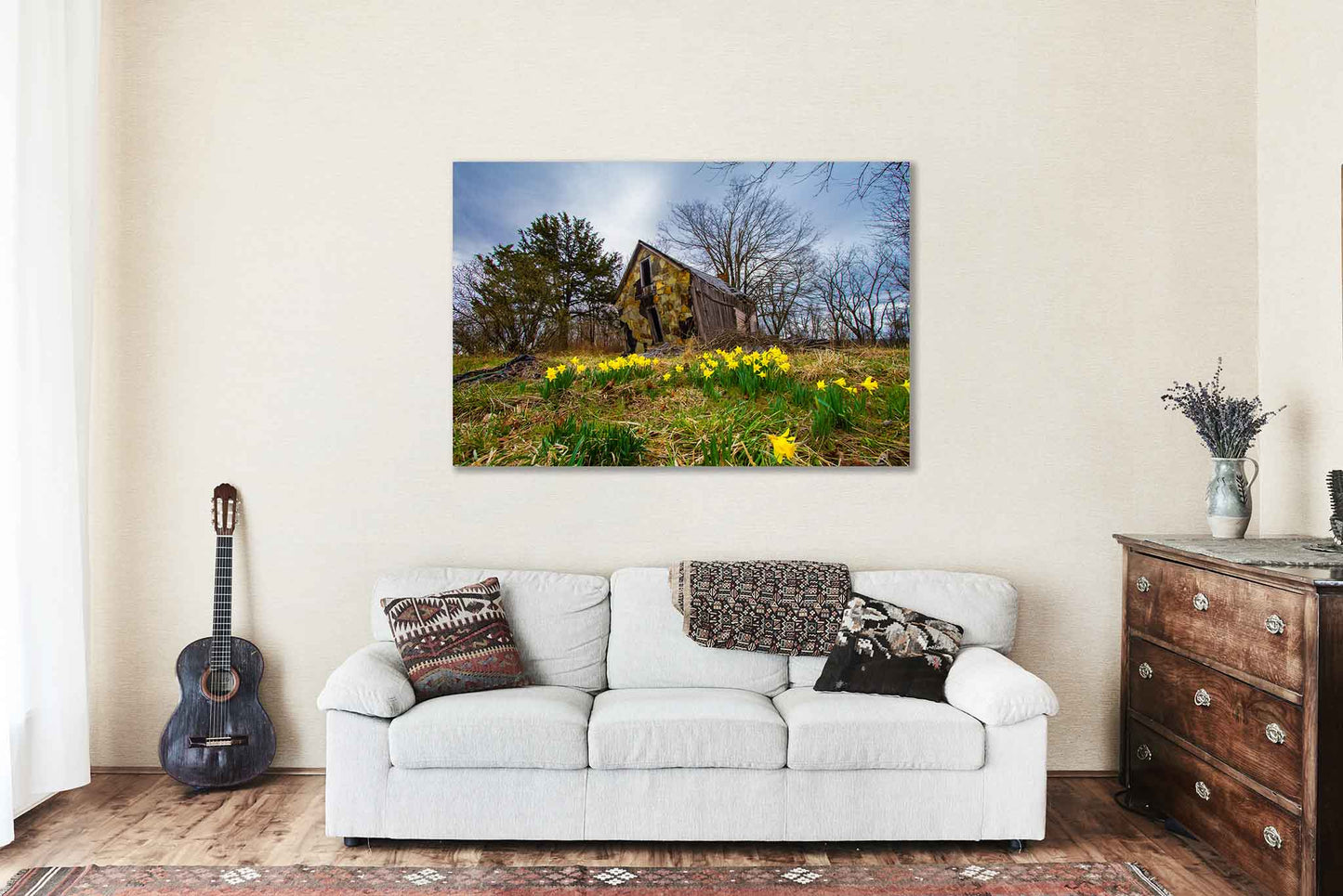 Country Canvas Wall Art (Ready to Hang) Old Barn and Jonquil Daffodils on Spring Day in Arkansas | Ozark Mountains Photography Rustic Decor