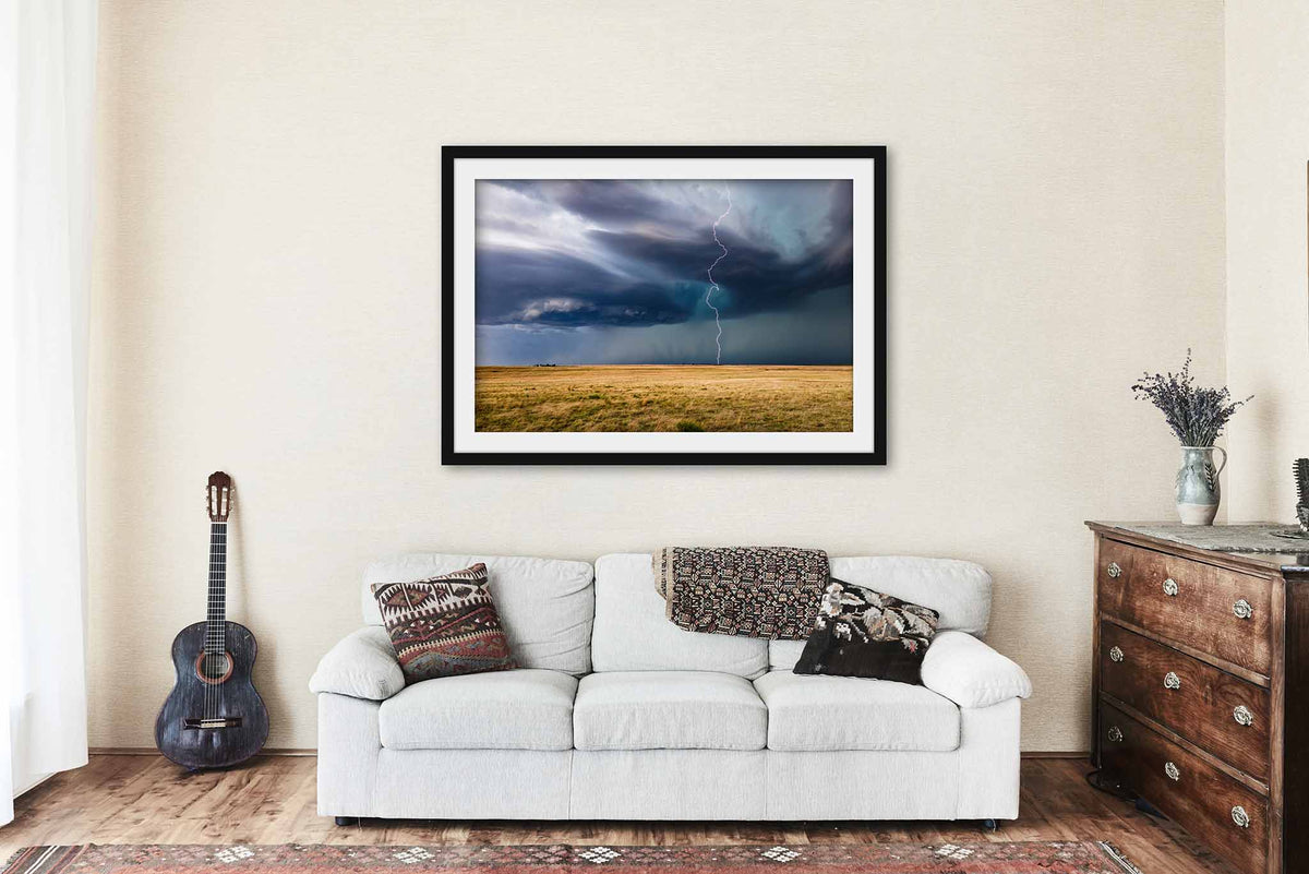 Lightning Bolt Winding to Ground in Oklahoma Framed Print | Storm Wall Art Weather Decor