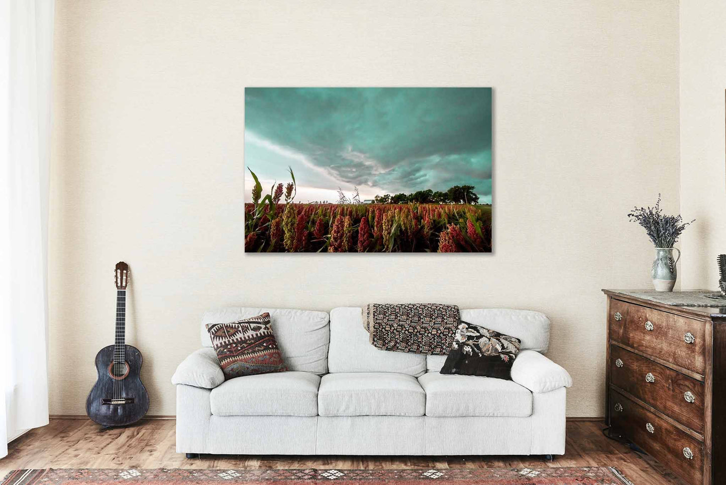 Farm Metal Print - Picture of Colorful Maize Field Under Stormy Sky on Summer Day in Oklahoma Country Wall Art Farmhouse Decor