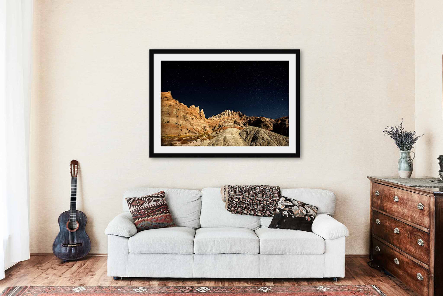 Framed Great Plains Print with Mat (Ready to Hang) Picture of Starry Night Sky Over Pinnacles in Badlands National Park South Dakota Western Wall Art Nature Decor