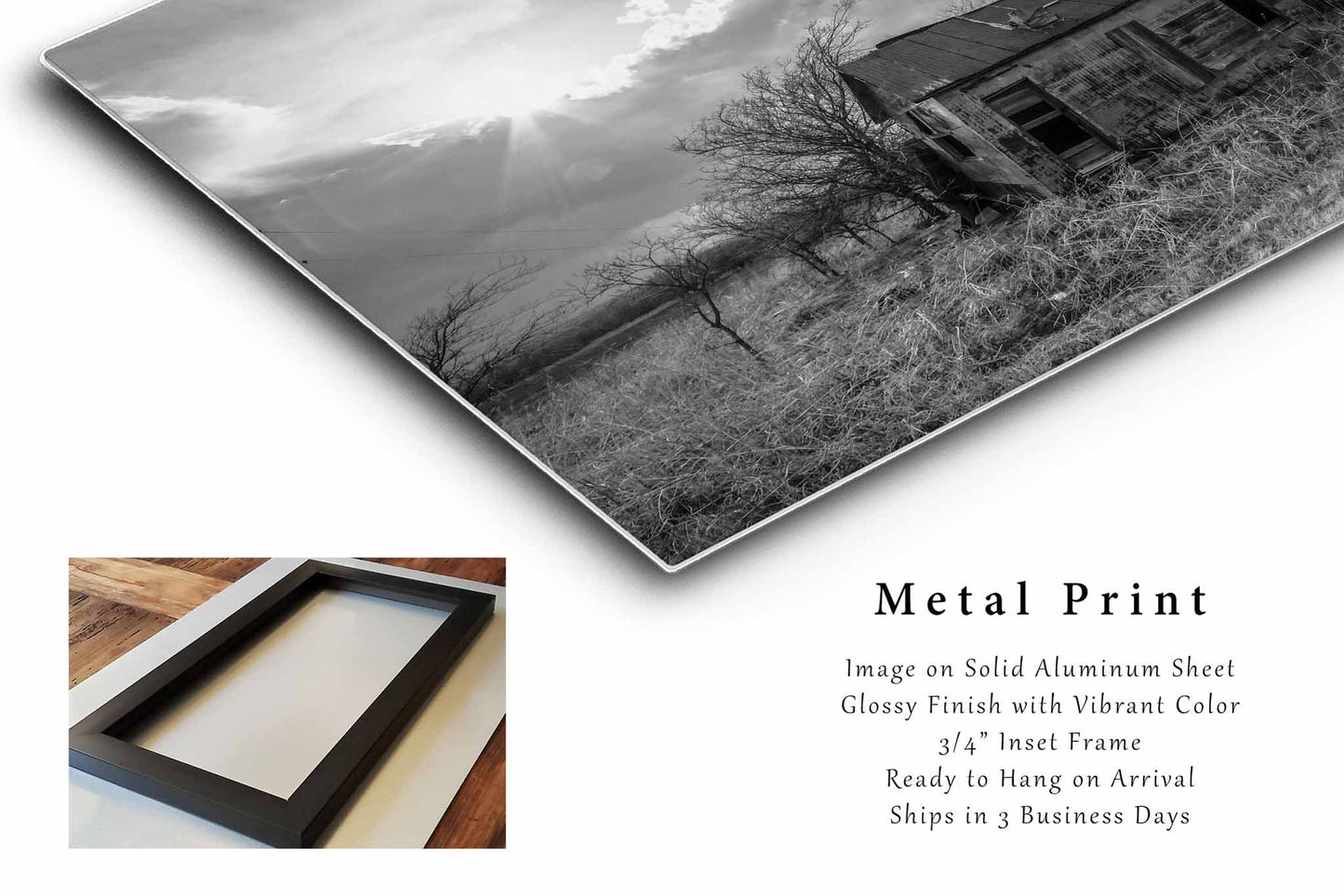 Black and White Metal Print | Abandoned House Photo | Prairie Photography | Kansas Picture | Rustic Farmhouse Decor