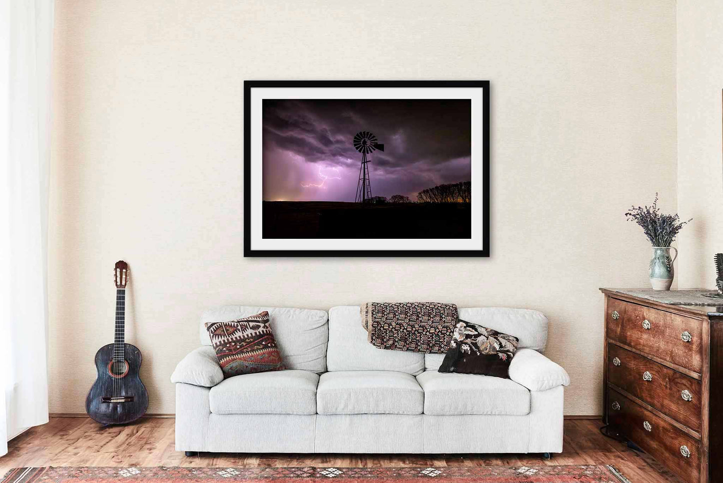 Storm Framed and Matted Print | Old Windmill and Lightning Photo | Oklahoma Decor | Thunderstorm Photography | Farmhouse Wall Art | Ready to Hang