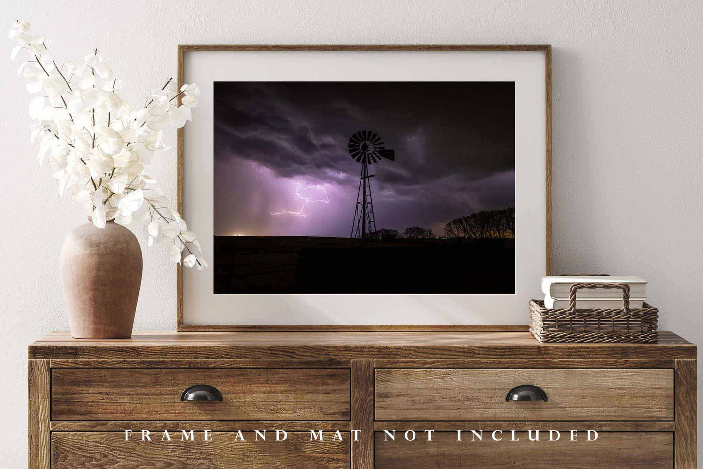 Storm Photography Print | Old Windmill and Lightning Picture | Oklahoma Wall Art | Thunderstorm Photo | Farmhouse Decor | Not Framed