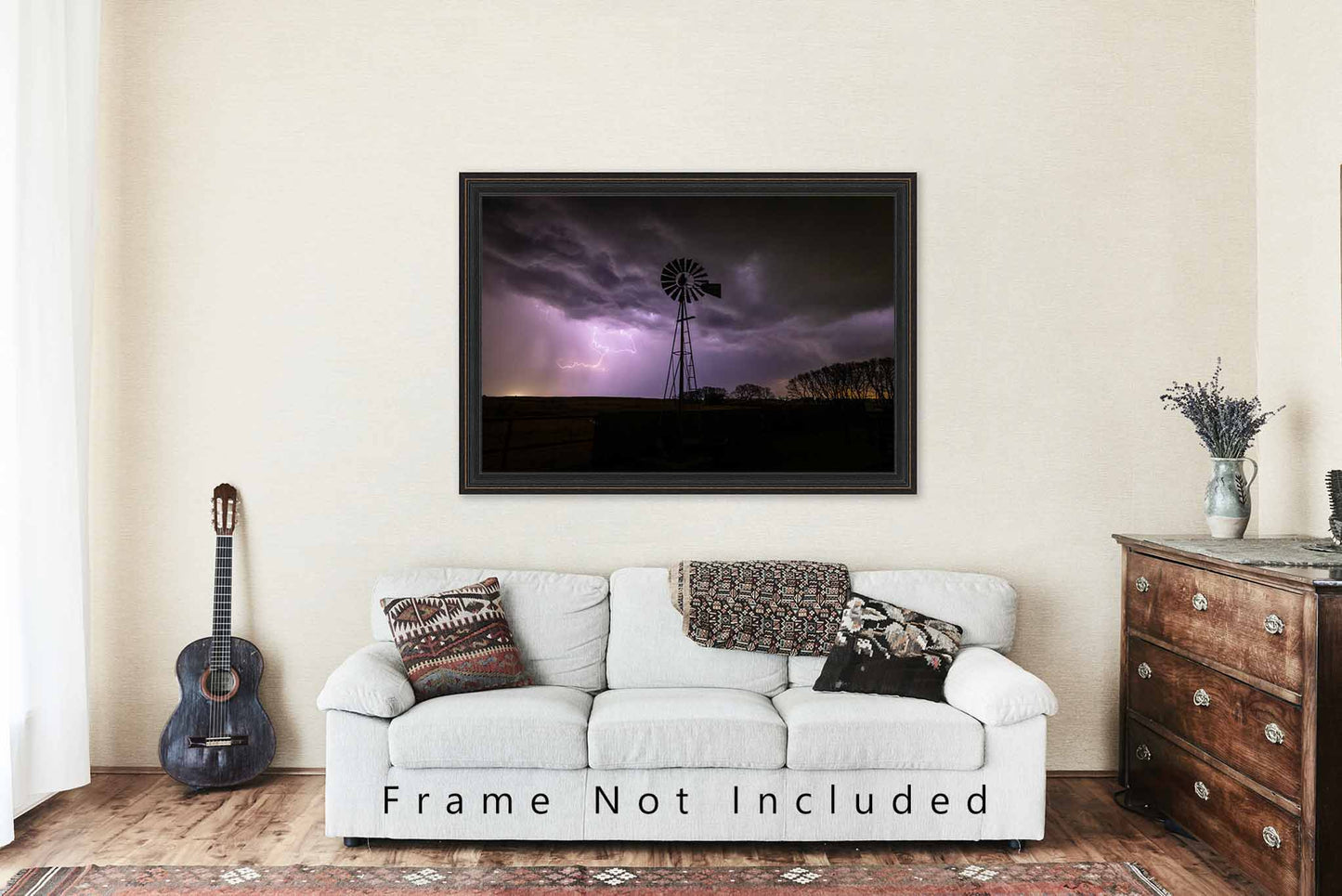 Storm Photography Print | Old Windmill and Lightning Picture | Oklahoma Wall Art | Thunderstorm Photo | Farmhouse Decor | Not Framed