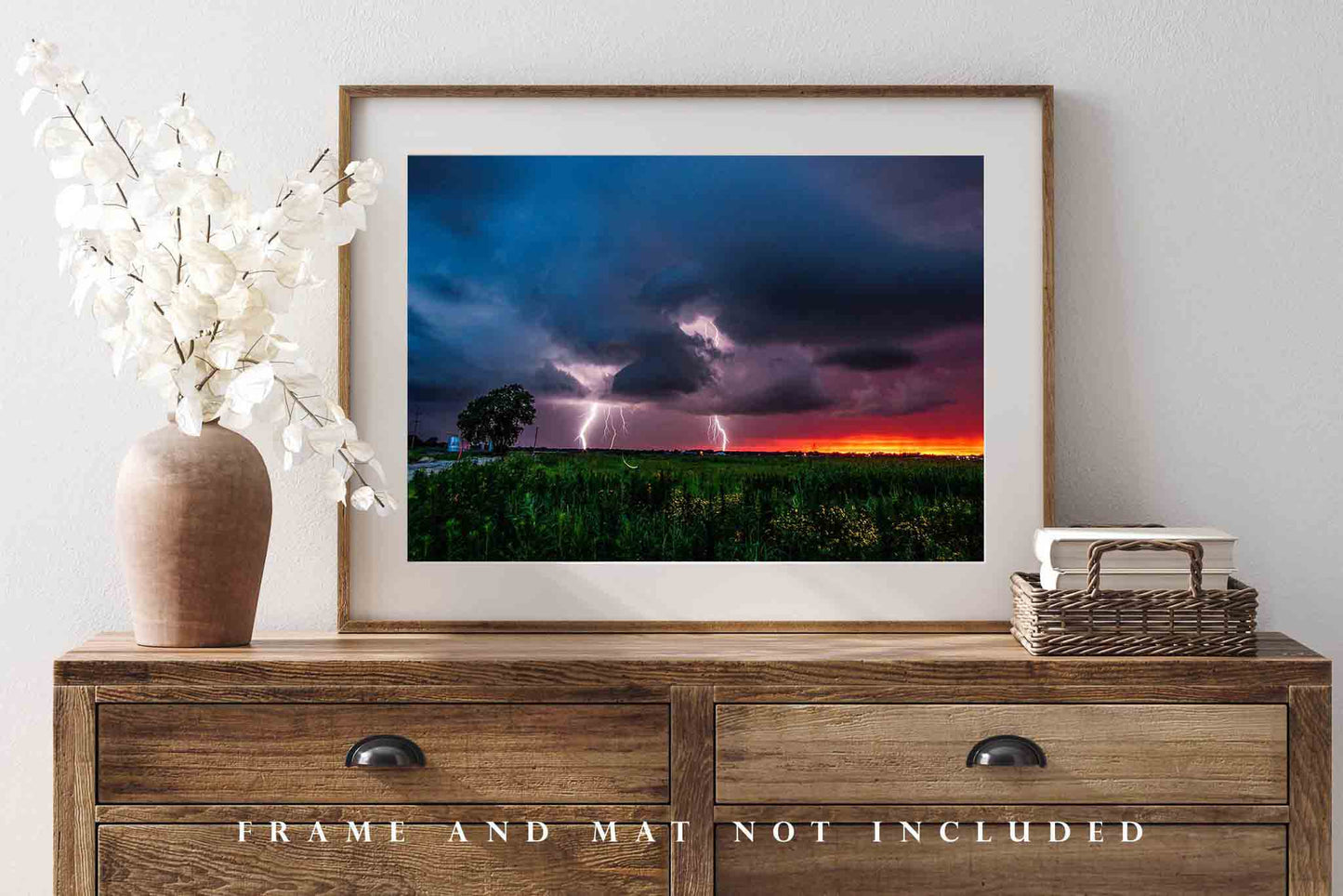 Storm Photography Print (Not Framed) Picture of Lightning Strikes as a Firefly Whirls About at Sunset in Oklahoma Weather Wall Art Nature Decor