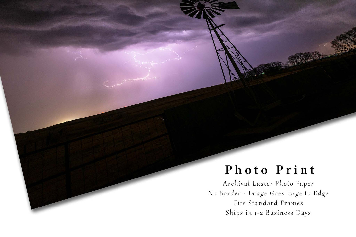 Storm Photography Print | Old Windmill and Lightning Picture | Oklahoma Wall Art | Thunderstorm Photo | Farmhouse Decor | Not Framed