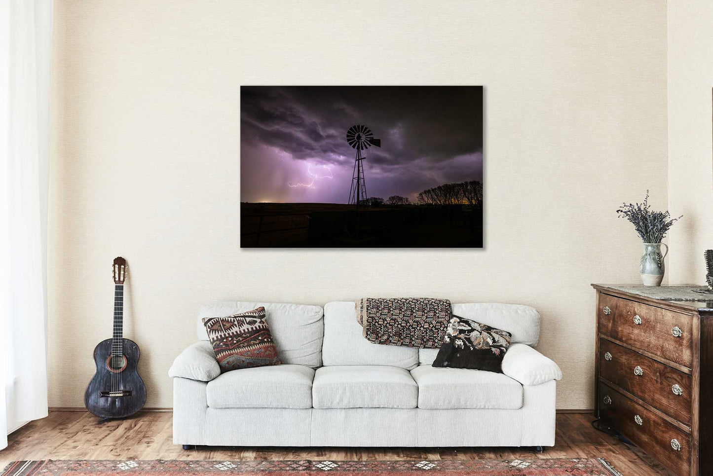 Country Metal Print (Ready to Hang) Photo of Old Windmill and Lightning on Stormy Night in Oklahoma Storm Wall Art Farmhouse Decor
