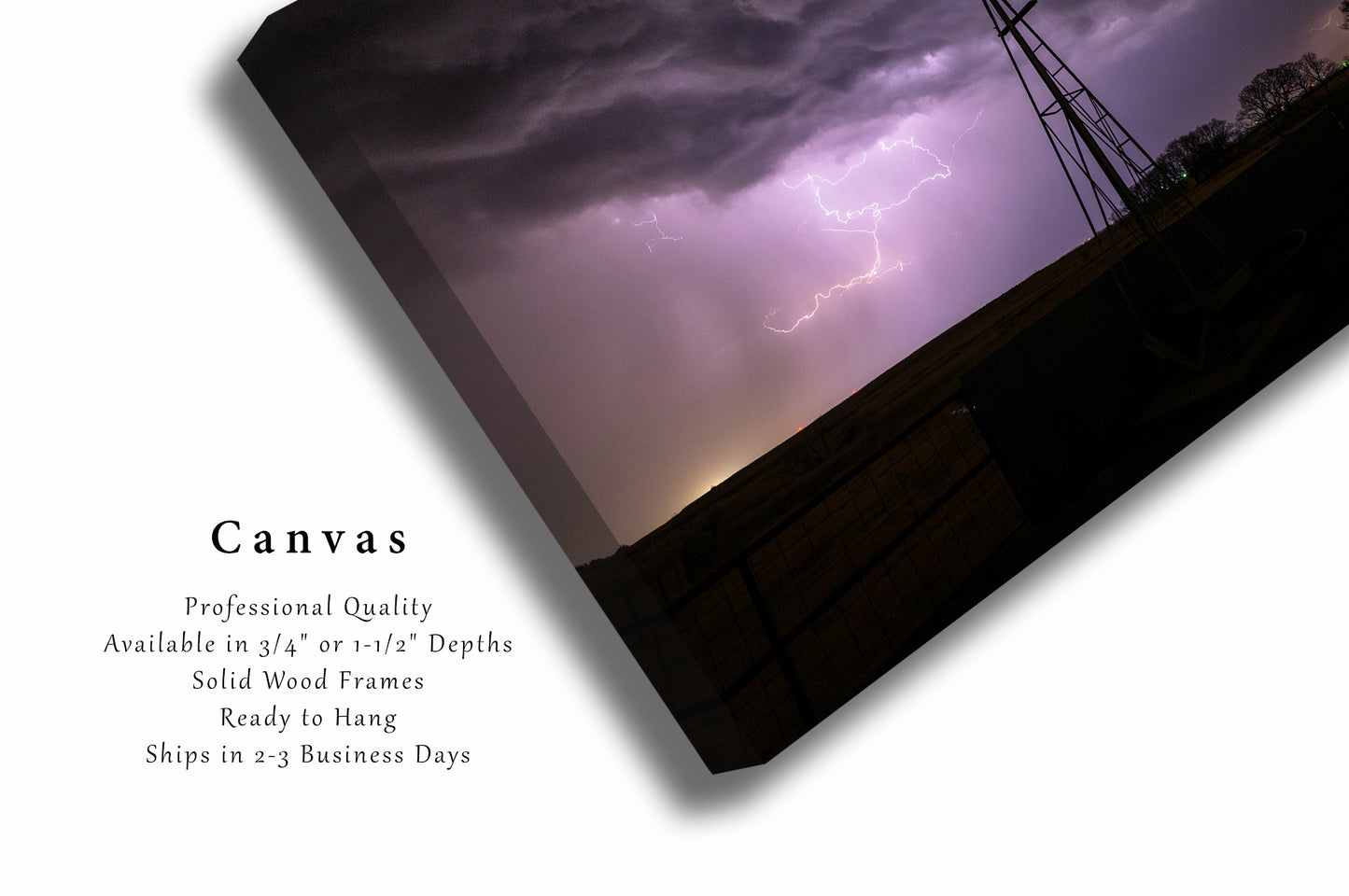 Country Canvas Wall Art (Ready to Hang) Gallery Wrap of Old Windmill and Lightning on Stormy Night in Oklahoma Thunderstorm Photography Farmhouse Decor