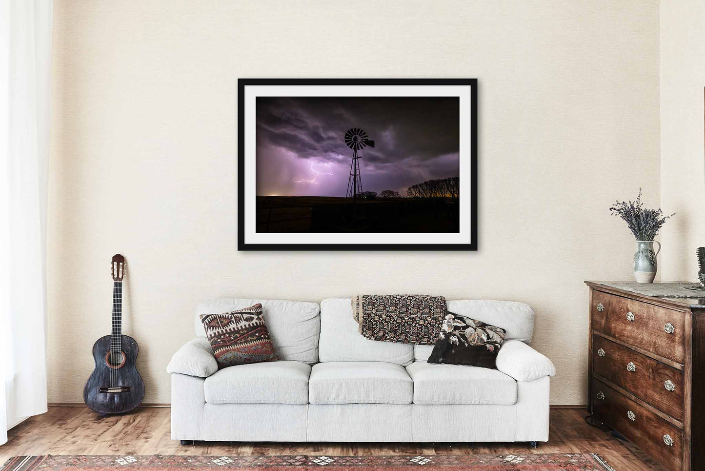 Framed Country Print (Ready to Hang) Picture of Old Windmill and Lightning on Stormy Night in Oklahoma Great Plains Wall Art Farmhouse Decor