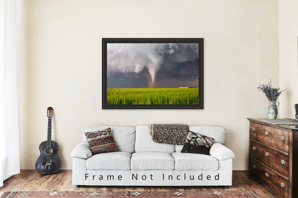 Storm Photography Print - Picture of Tornado Spinning Up Dust Over Wheat Field on Spring Day in Texas - Weather Thunderstorm Wall Art Decor